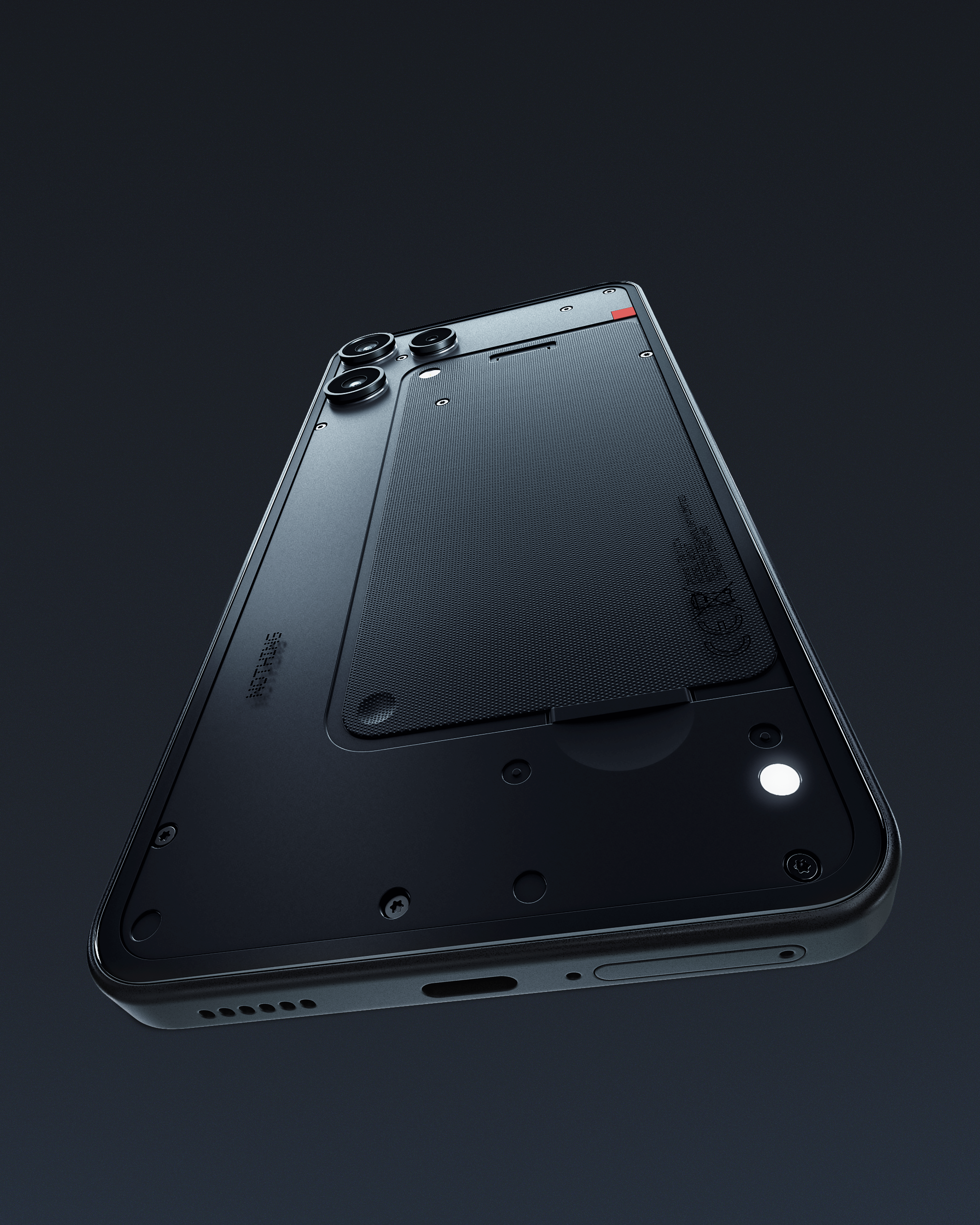 Die Rückseite eines schwarzen Smartphones mit mehreren Kameras, strukturierter Oberfläche und einem leuchtenden Licht.