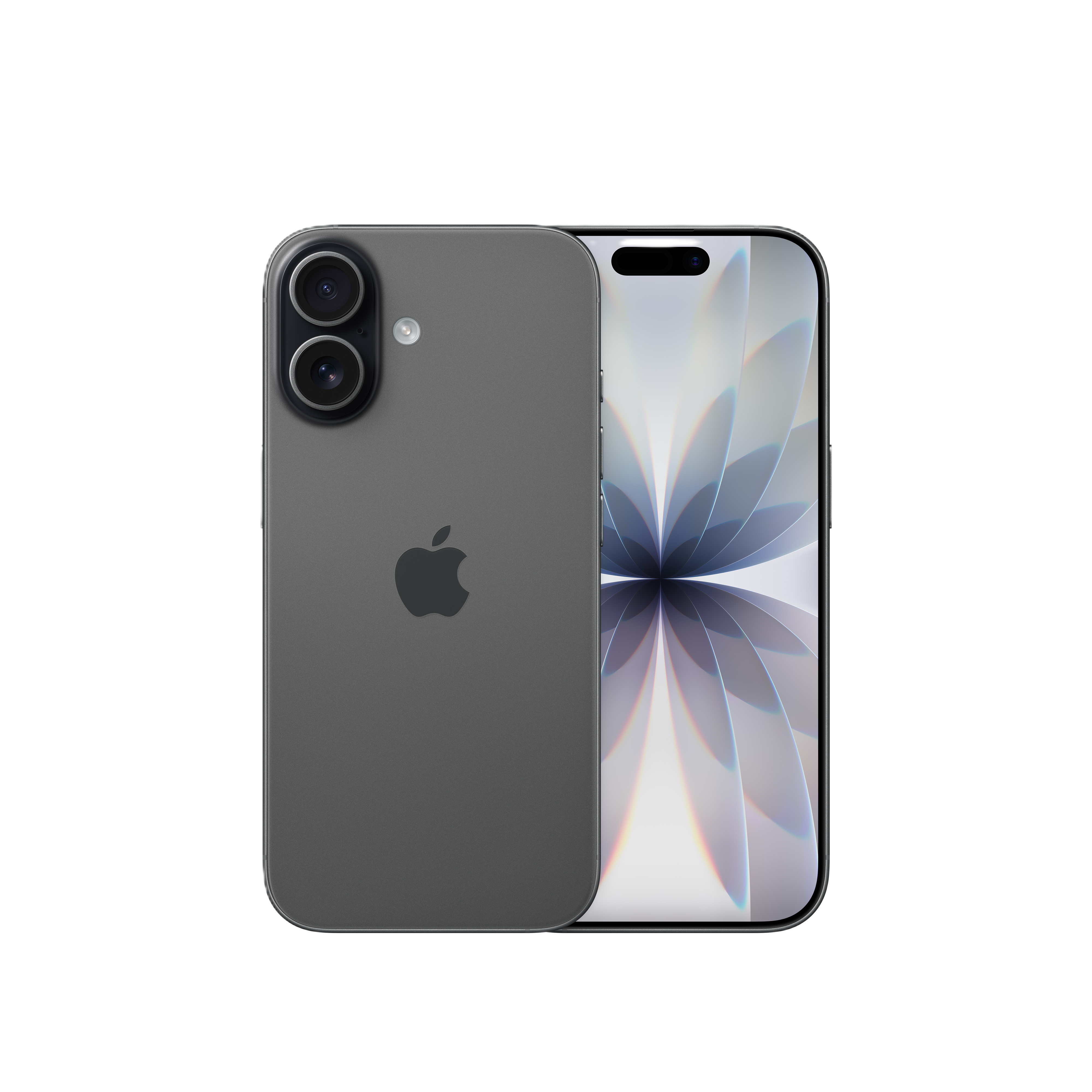 Ein graues Smartphone mit zwei Kameras und einem Apple-Logo. Der Bildschirm zeigt ein Blumendesign.