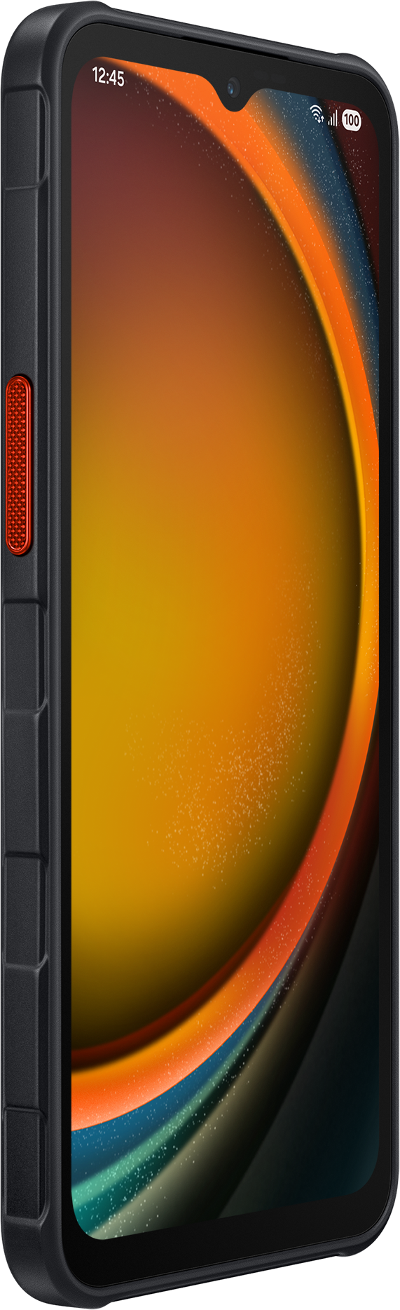 Ein schwarzes Telefon mit robustem Gehäuse. Das Telefon ist orangefarben, mit einer Seitentaste und der Uhrzeit.