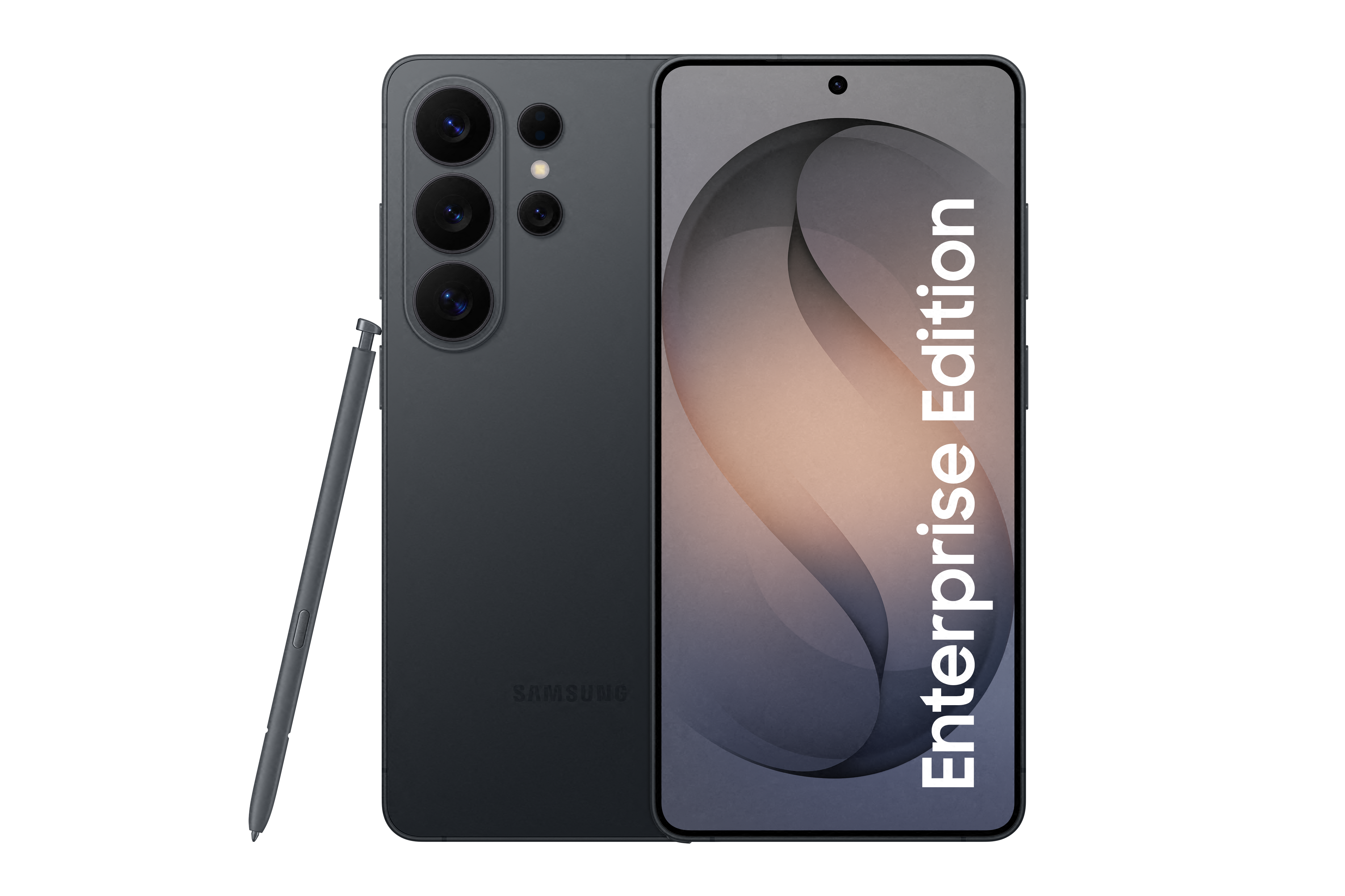 Ein dunkles Samsung Smartphone mit S-Pen und drei Kameras.