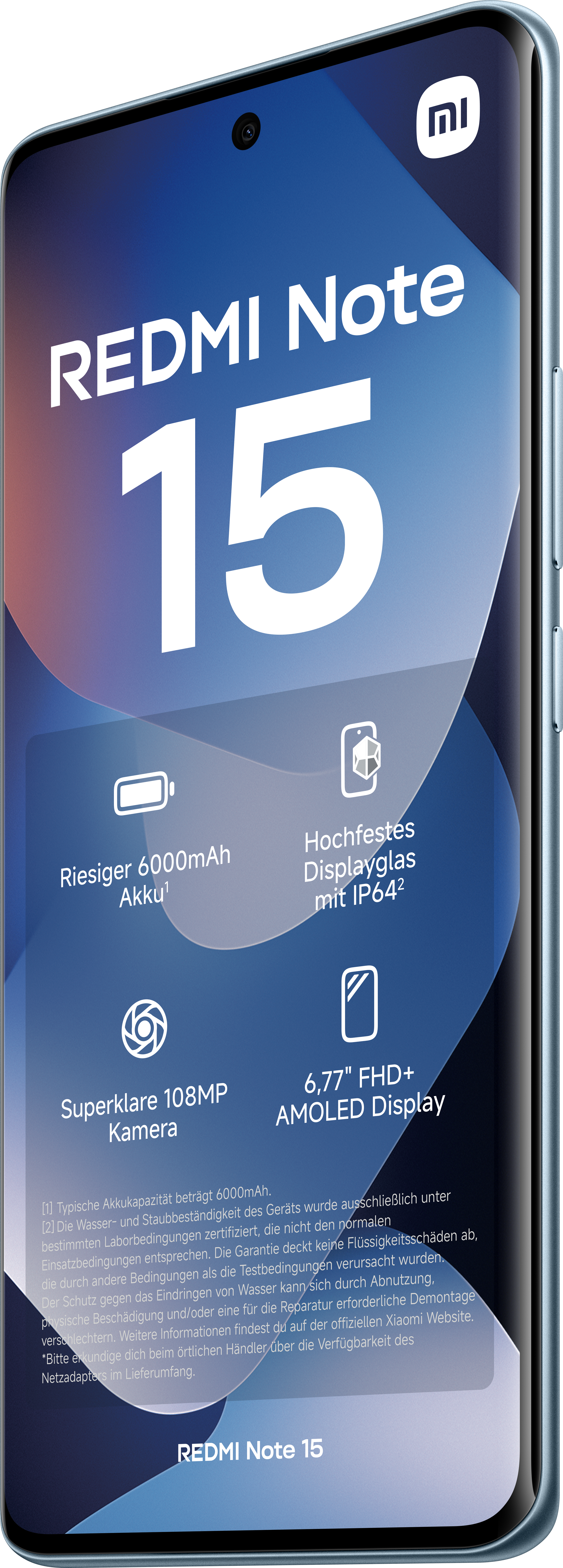 Ein Redmi Note 15-Telefondisplay. Es hat den Markennamen und die Telefonspezifikationen. Blau und Weiß werden verwendet.