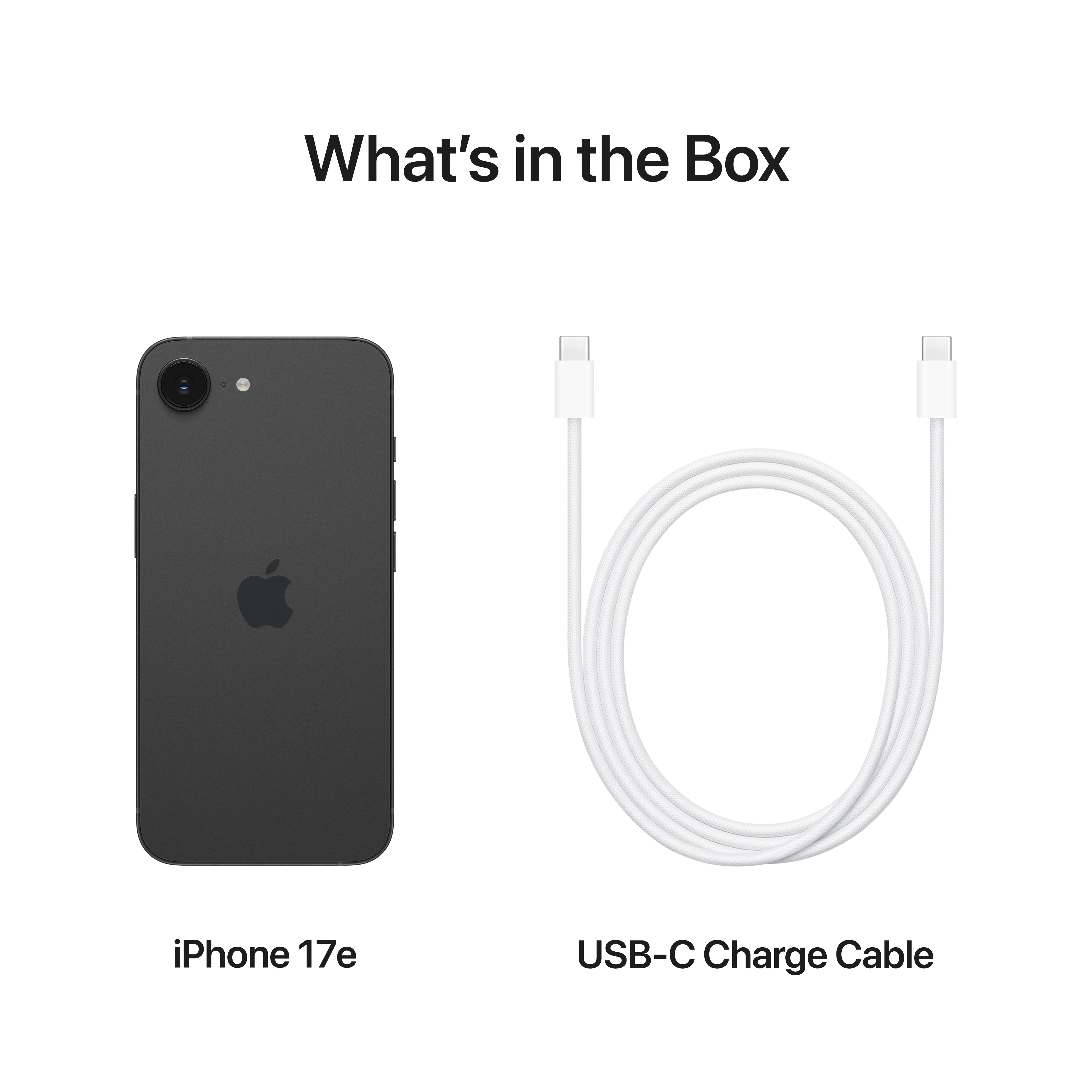 Schwarzes iPhone 17e und weißes USB-C-Ladekabel.