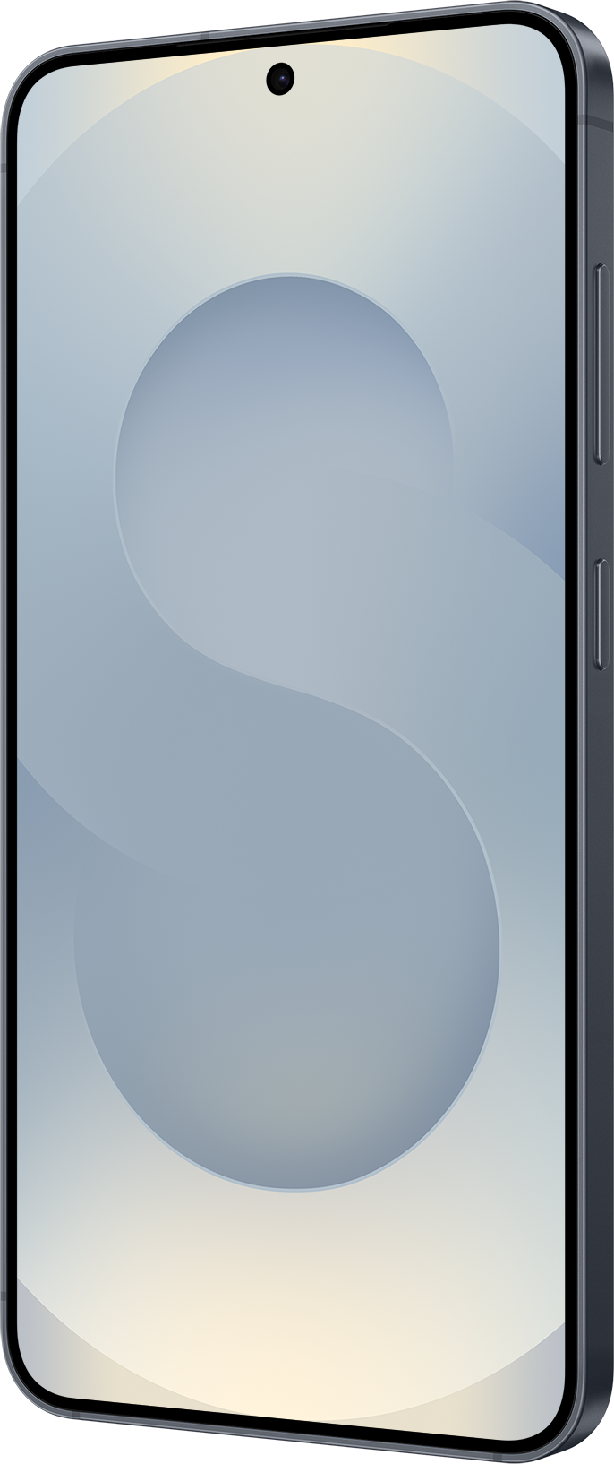 Ein Smartphone in perspektivischer Ansicht. Der Bildschirm ist hellgrau mit gebogenem Design. Oben befindet sich eine Kamera.