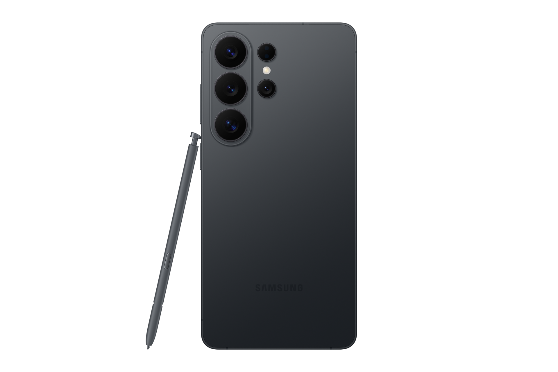 Dunkelgraues Samsung-Smartphone mit S Pen und vier Kameras.