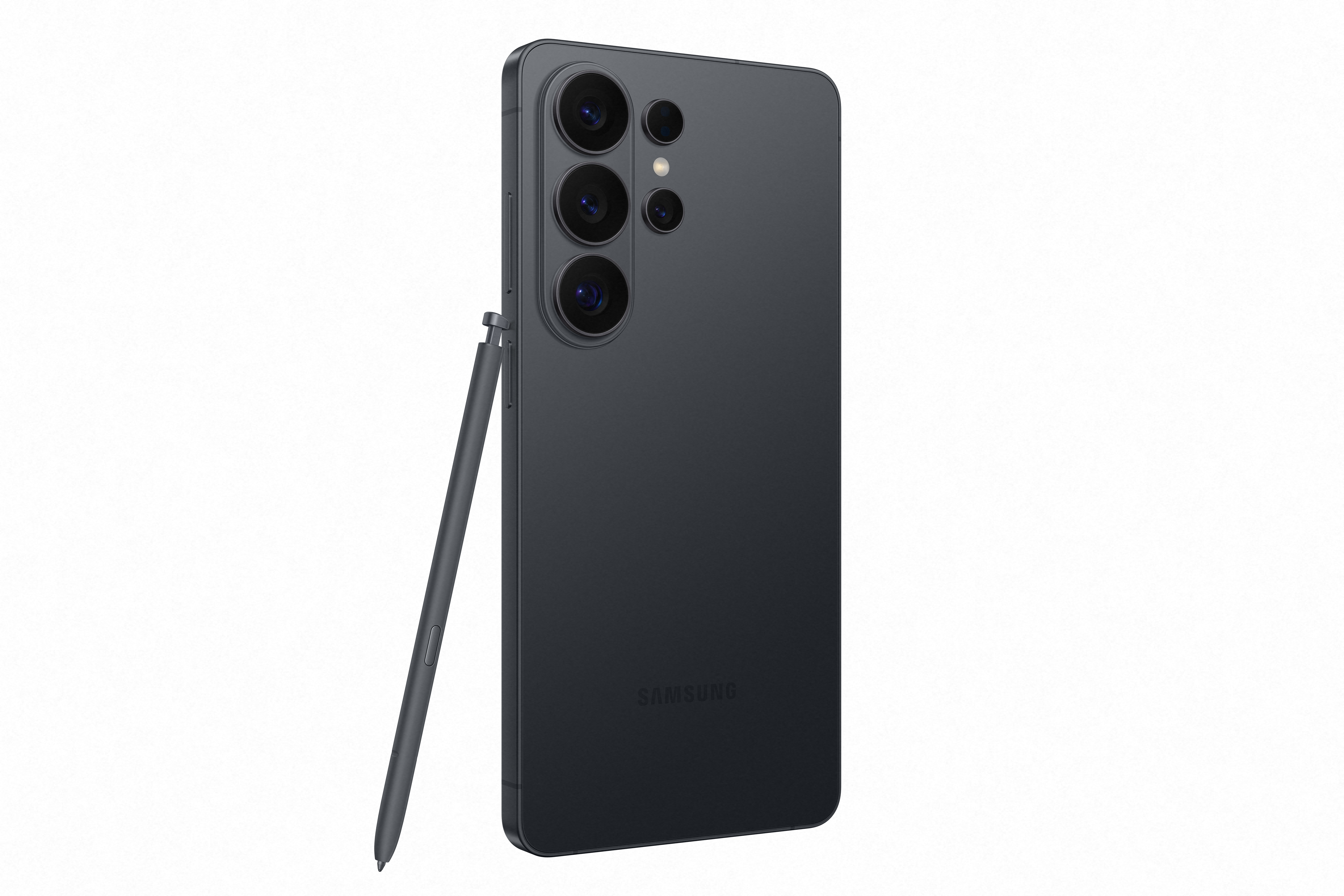 Dunkelgraues Smartphone mit Stift, Kamera-Array und Samsung-Logo auf weißem Hintergrund.