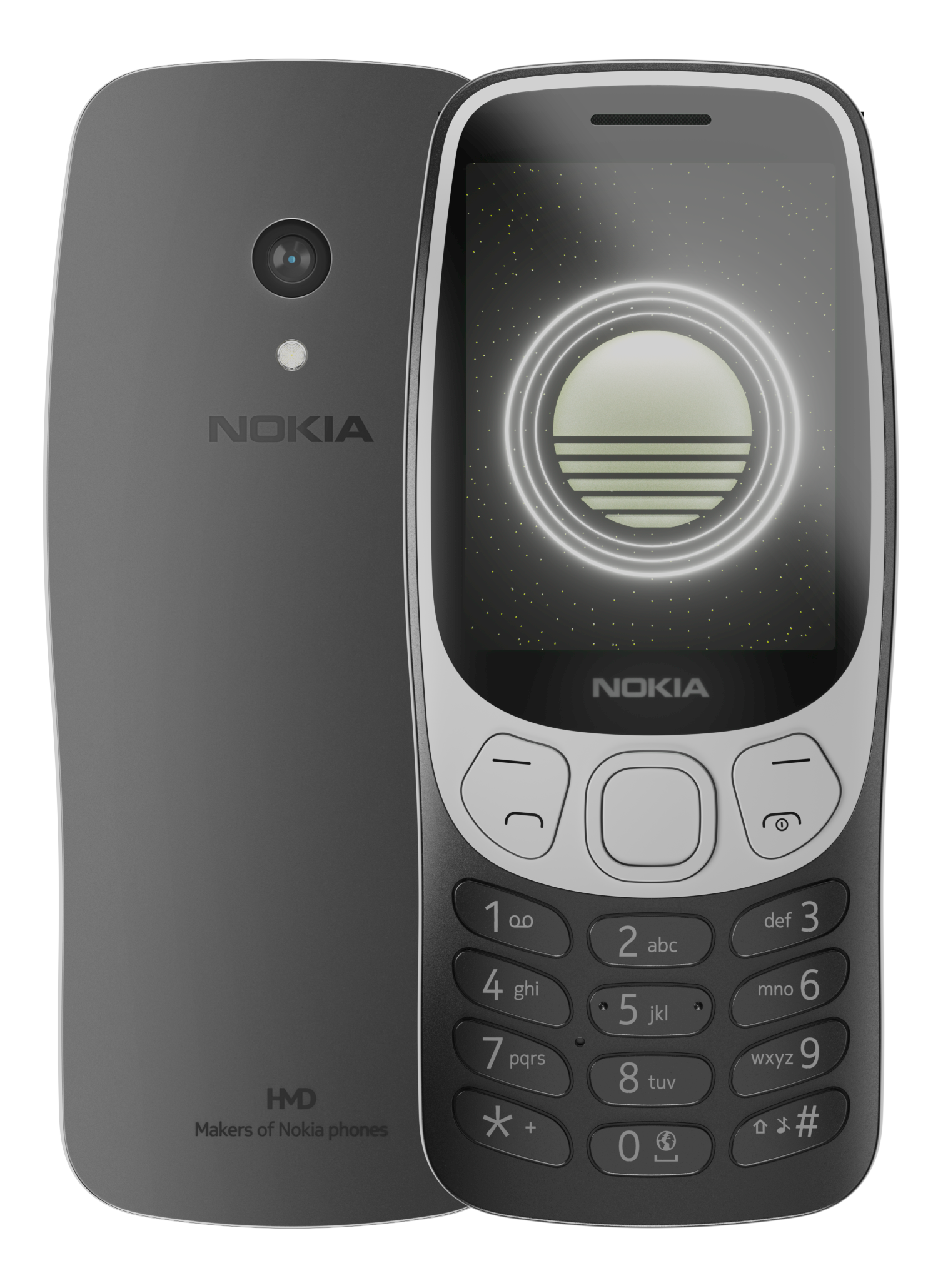 Ein dunkelgraues Nokia-Telefon. Es hat eine Kamera und das Nokia-Logo auf der Rückseite und das Ziffernfeld auf der Vorderseite.