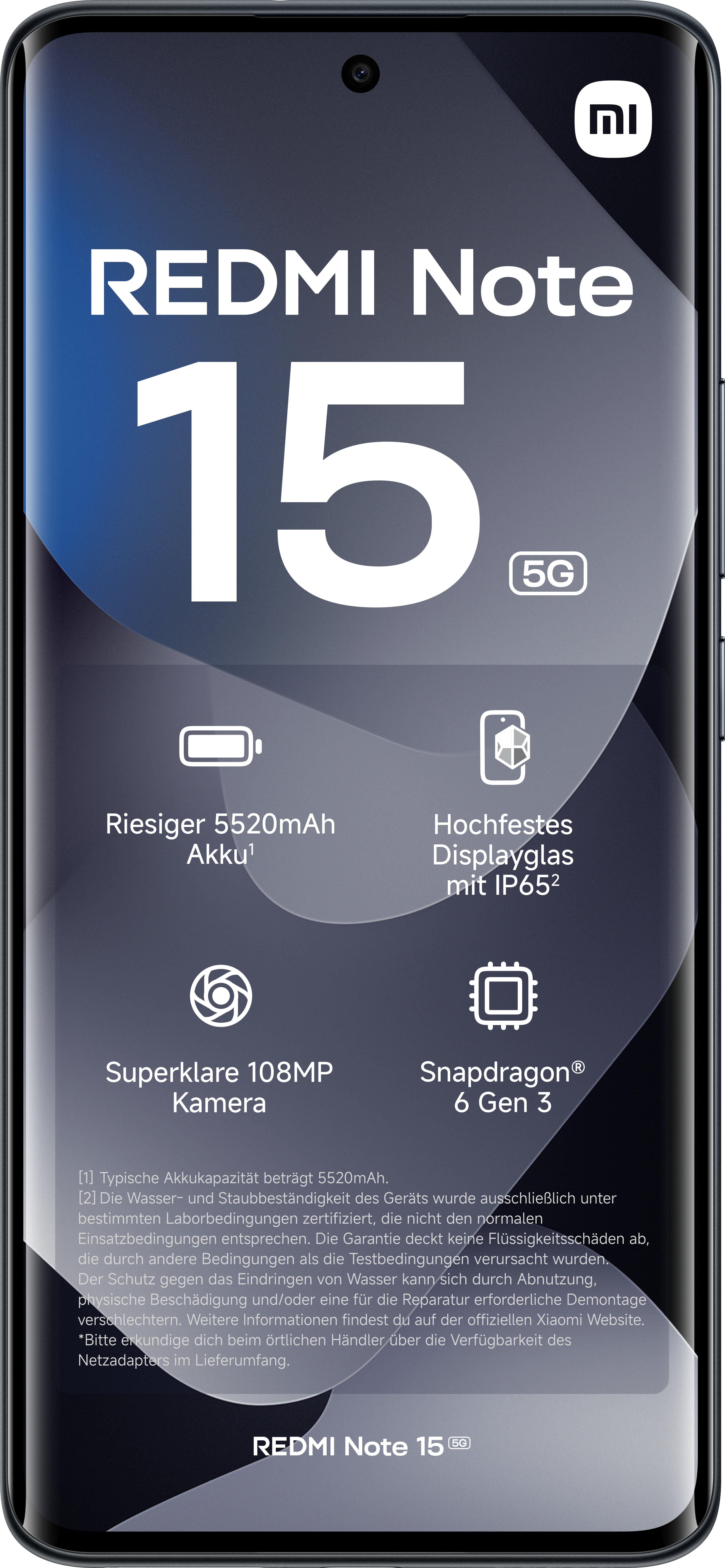 Ein Smartphone mit schwarzem Rahmen. Es trägt den Namen Redmi Note 15, die große Zahl 15 und Funktionssymbole.