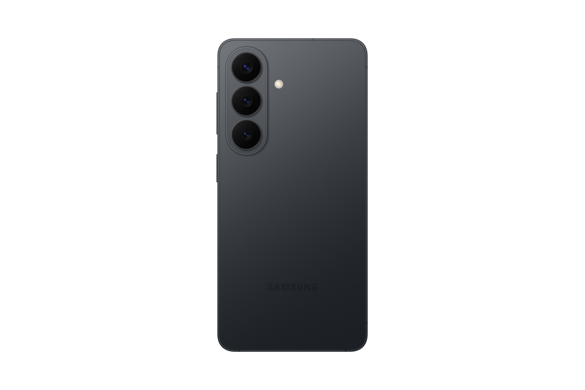 Dunkelgraues Samsung Smartphone mit drei Kameras und Blitz auf der Rückseite.