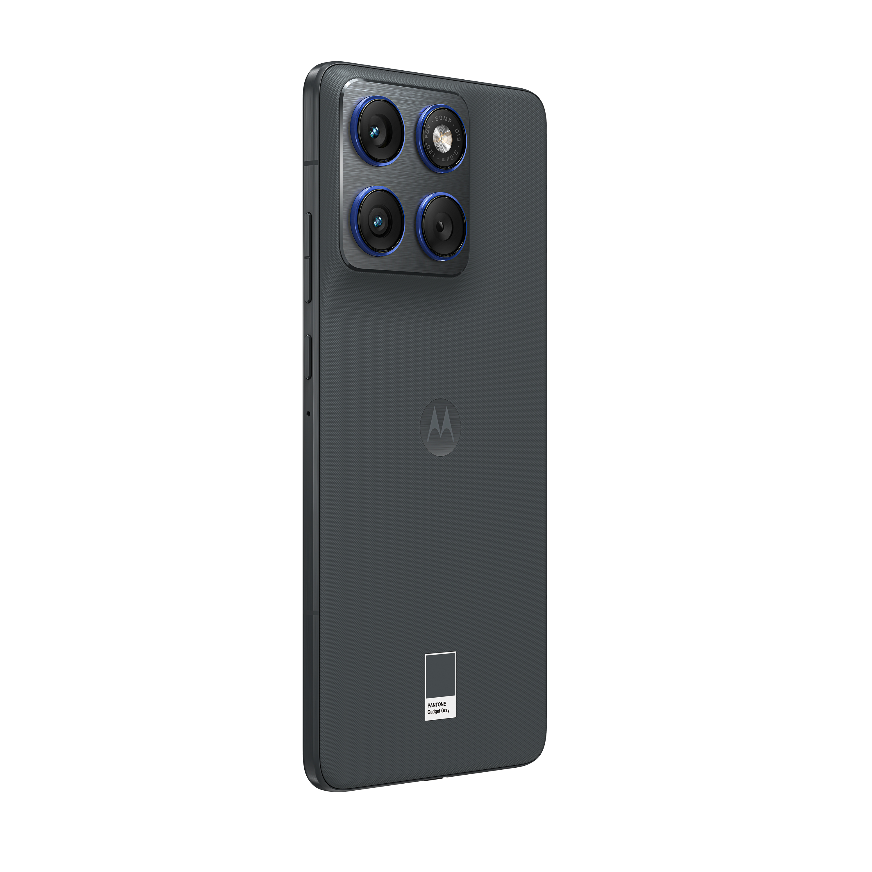 Rückseite eines grauen Smartphones mit vier Kameras. Das Motorola-Logo ist sichtbar. Unten befindet sich ein Pantone-Farbetikett.