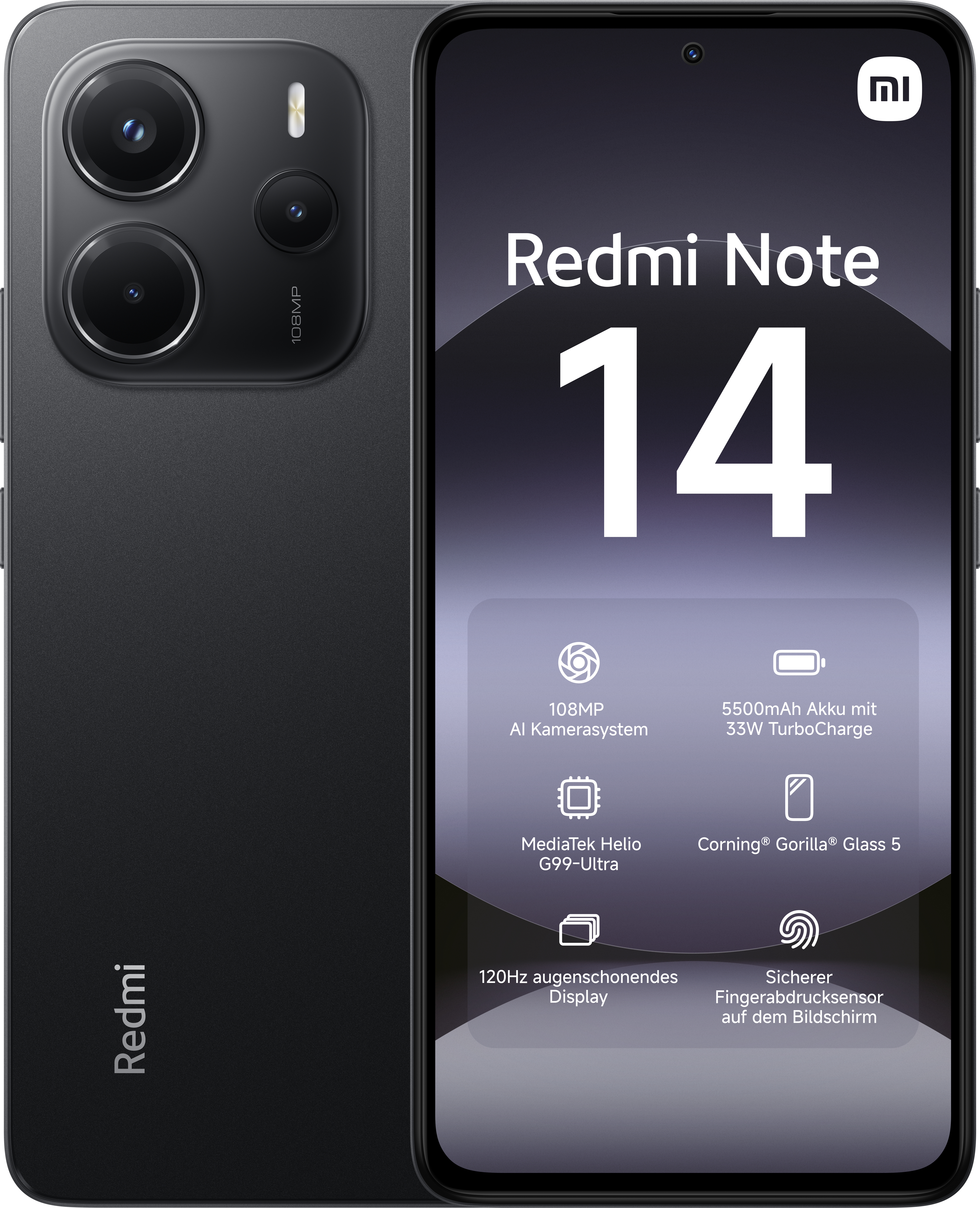 Schwarzes Redmi Note 14 Smartphone. Merkmale: 108MP Kamera, großer Bildschirm, Fingerabdrucksensor.