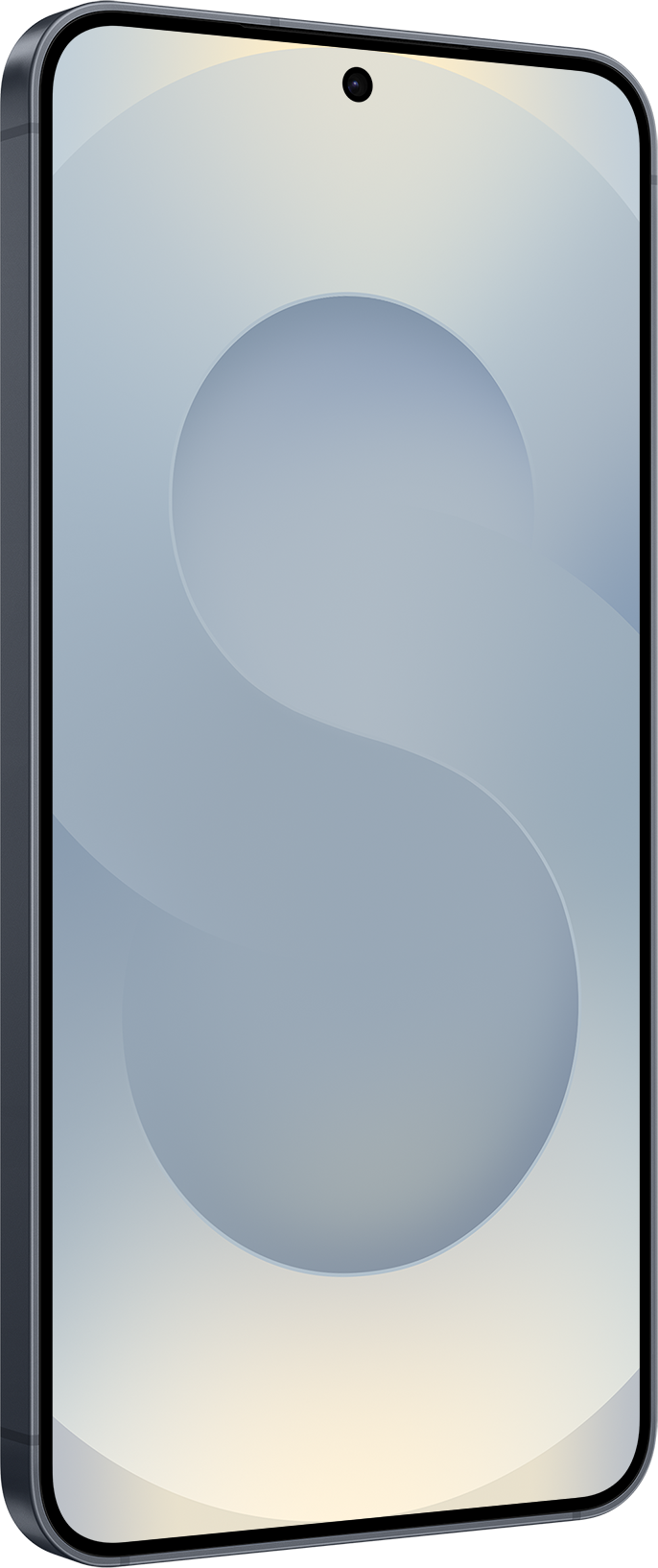 Ein Smartphone mit schwarzem Rahmen und hellgrauem Bildschirm. Der Bildschirm hat ein Design mit geschwungenen Formen und eine Frontkamera.