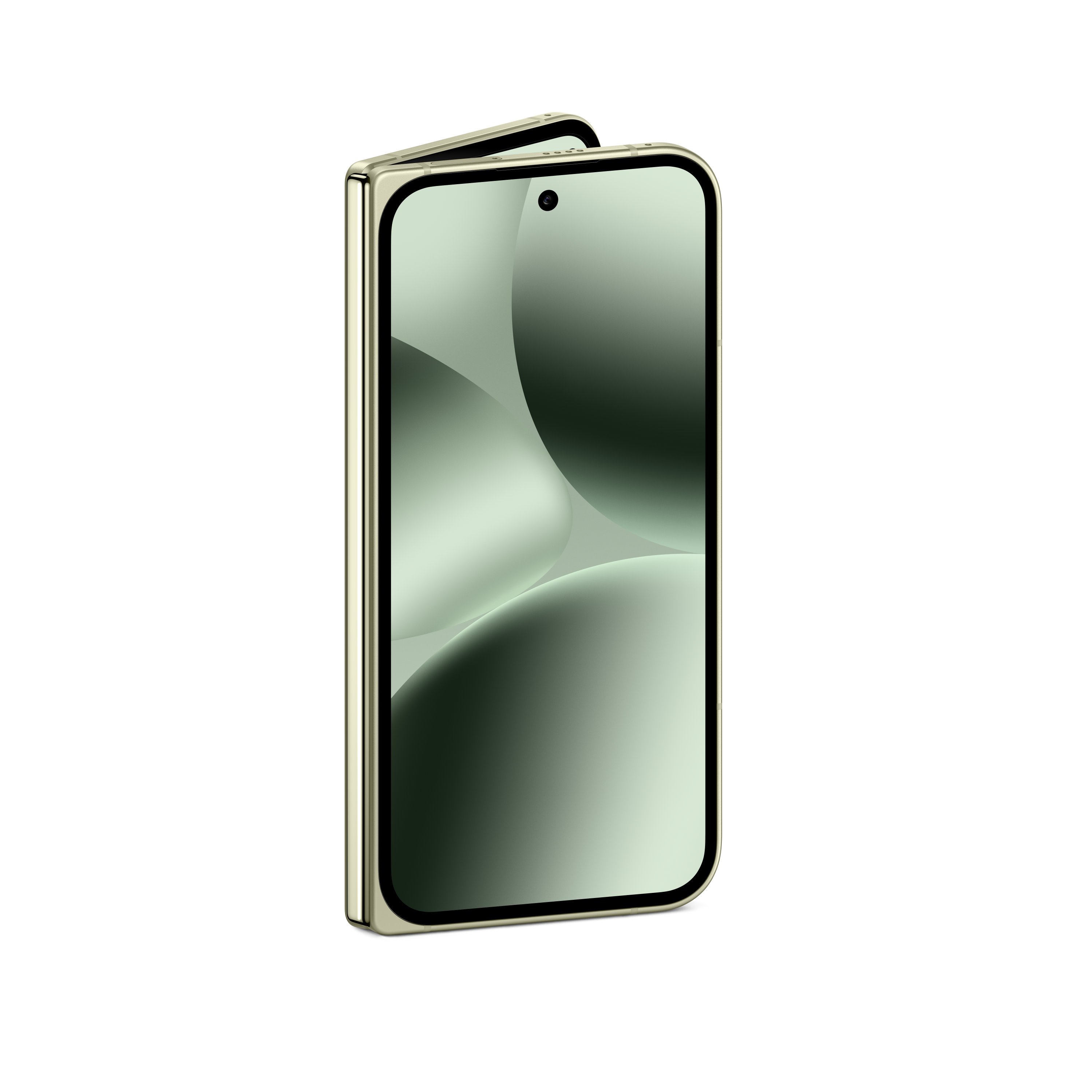 Faltbares Smartphone mit grünem Bildschirm, goldenem Rahmen und schwarzem Hintergrund.