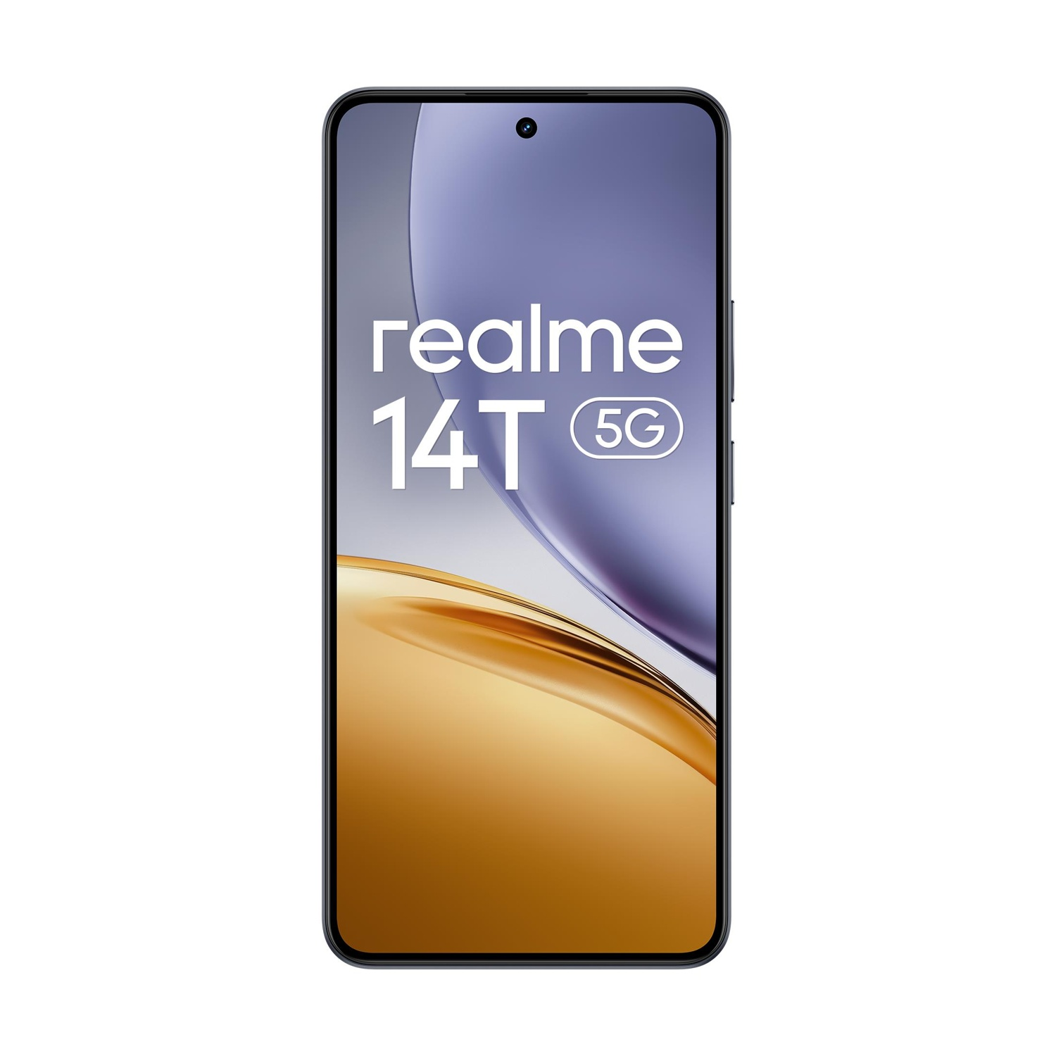 Ein Smartphone Realme 14T 5G wird gezeigt. Der Bildschirm zeigt den Markennamen, das Modell und einen Farbverlauf.