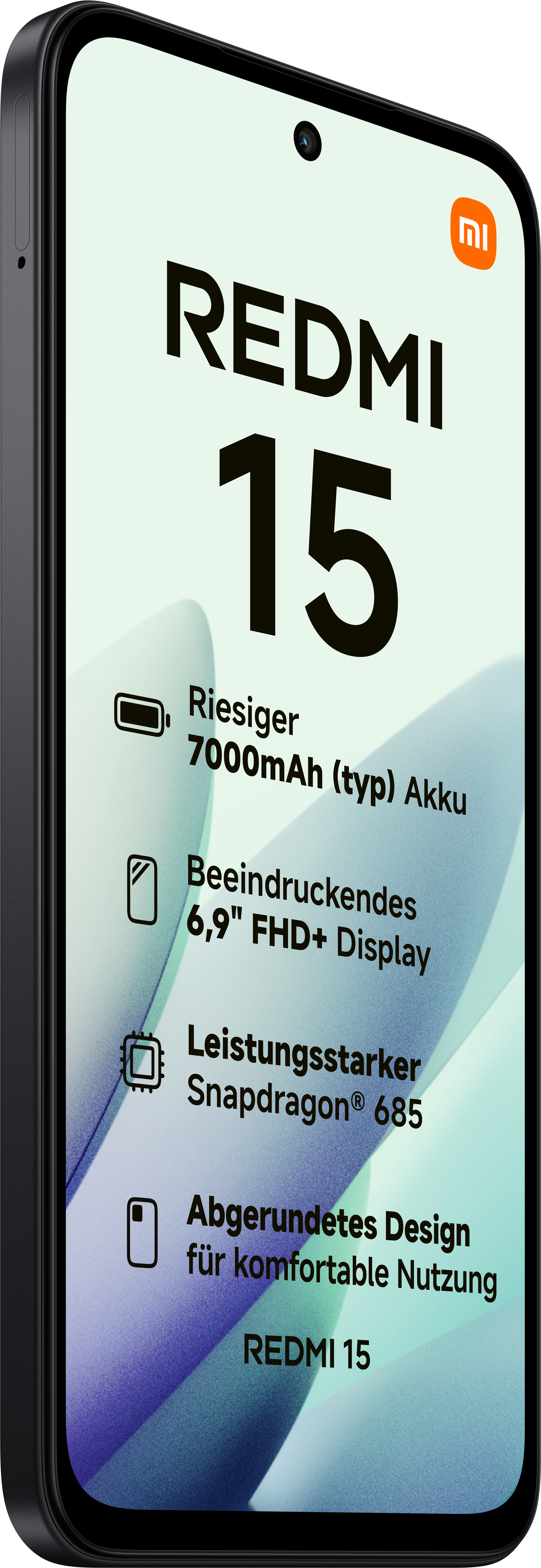 Ein Redmi 15 Smartphone wird angezeigt. Zu den Merkmalen gehören ein großer Akku, Display und ein leistungsstarker Prozessor. Das Telefon ist schwarz.