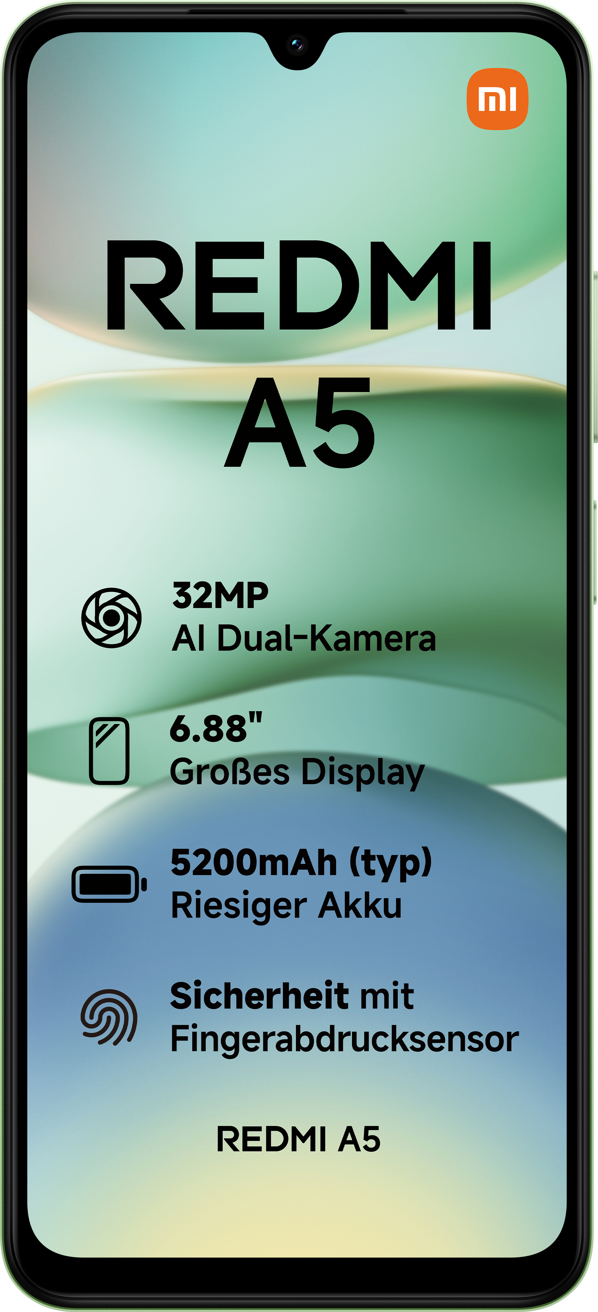 Redmi A5 Smartphone mit grünem Rahmen, Funktionen und Logo auf grafischem Hintergrund.