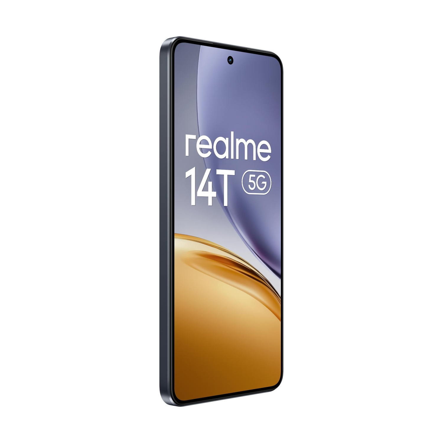 Realme 14T 5G Telefon mit schwarzem Rahmen, blauem Oberteil und goldenem Boden. Weißer HG.