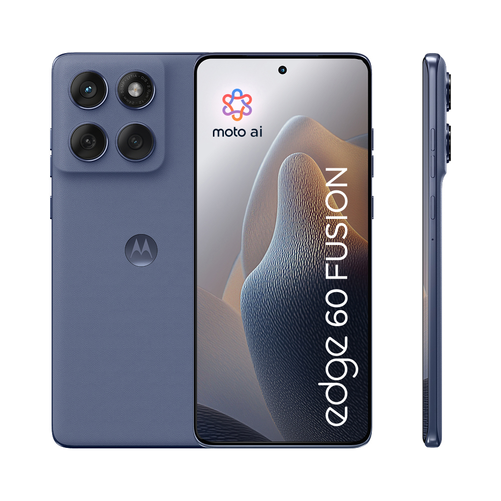 Blaues Smartphone mit drei Kameras und einem Textlabel.