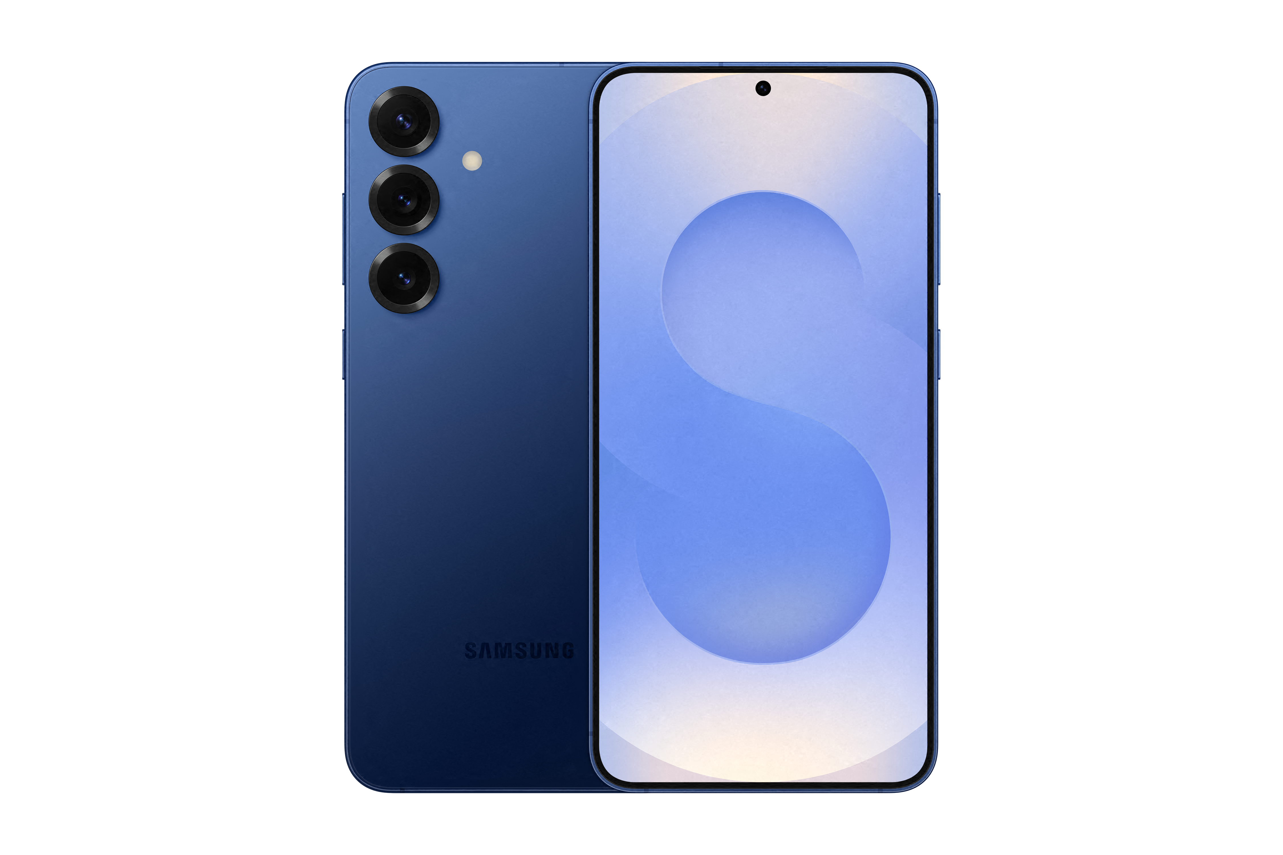 Ein blaues Samsung Smartphone, Rück- und Vorderansicht. Die Rückseite hat Kameras.