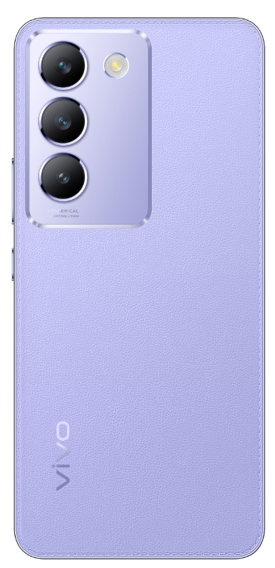Rückseite eines lila Telefons mit drei Kameras und einem Blitz. Vivo-Logo unten.