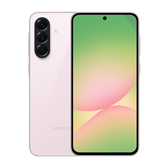 Ein pinkes Telefon mit drei Kameras auf der Rückseite und einem grün-rosa Bildschirm. Weißer Hintergrund.