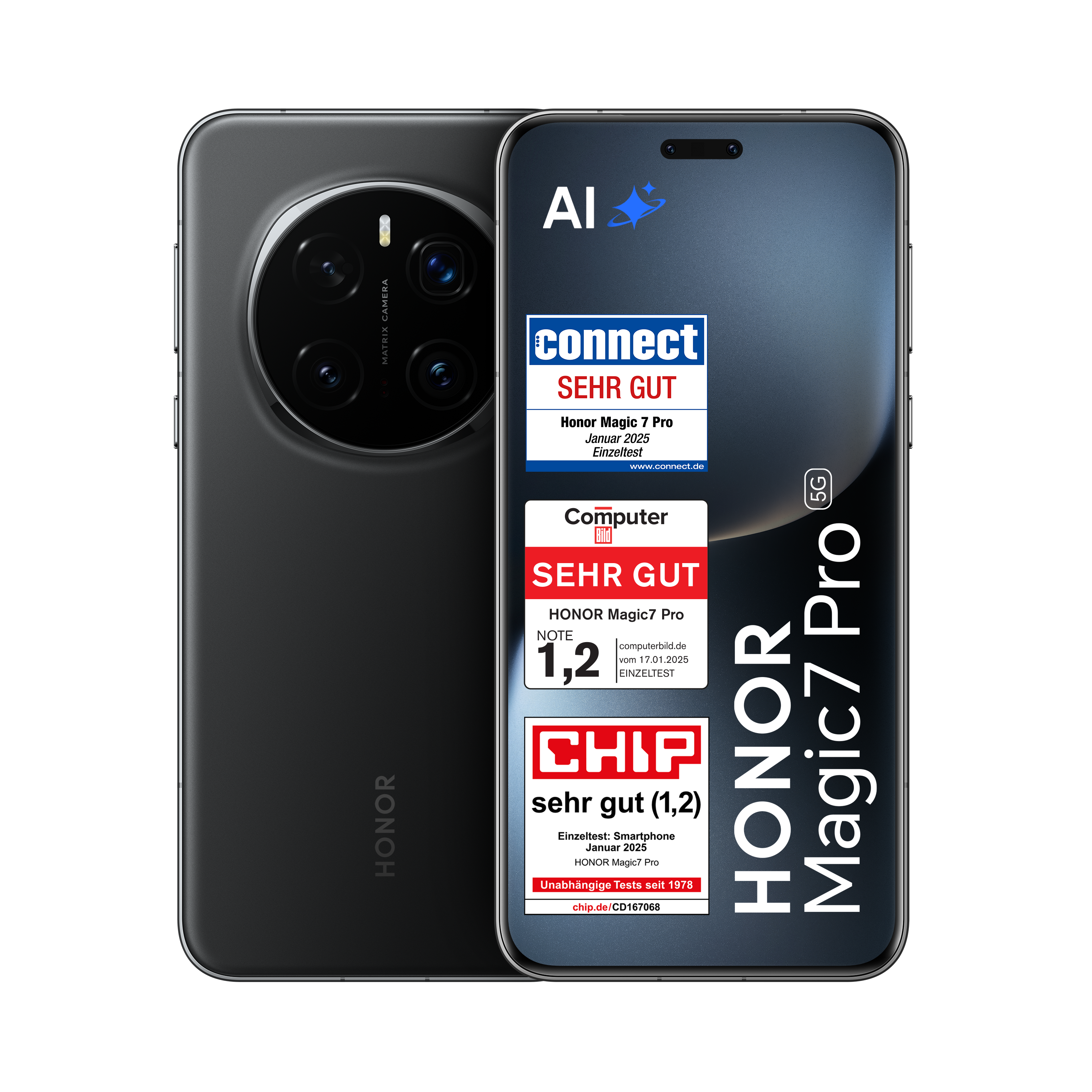 Honor Magic7 Pro Telefon vorne und hinten, mit Testauszeichnungen von connect, Computer und Chip.