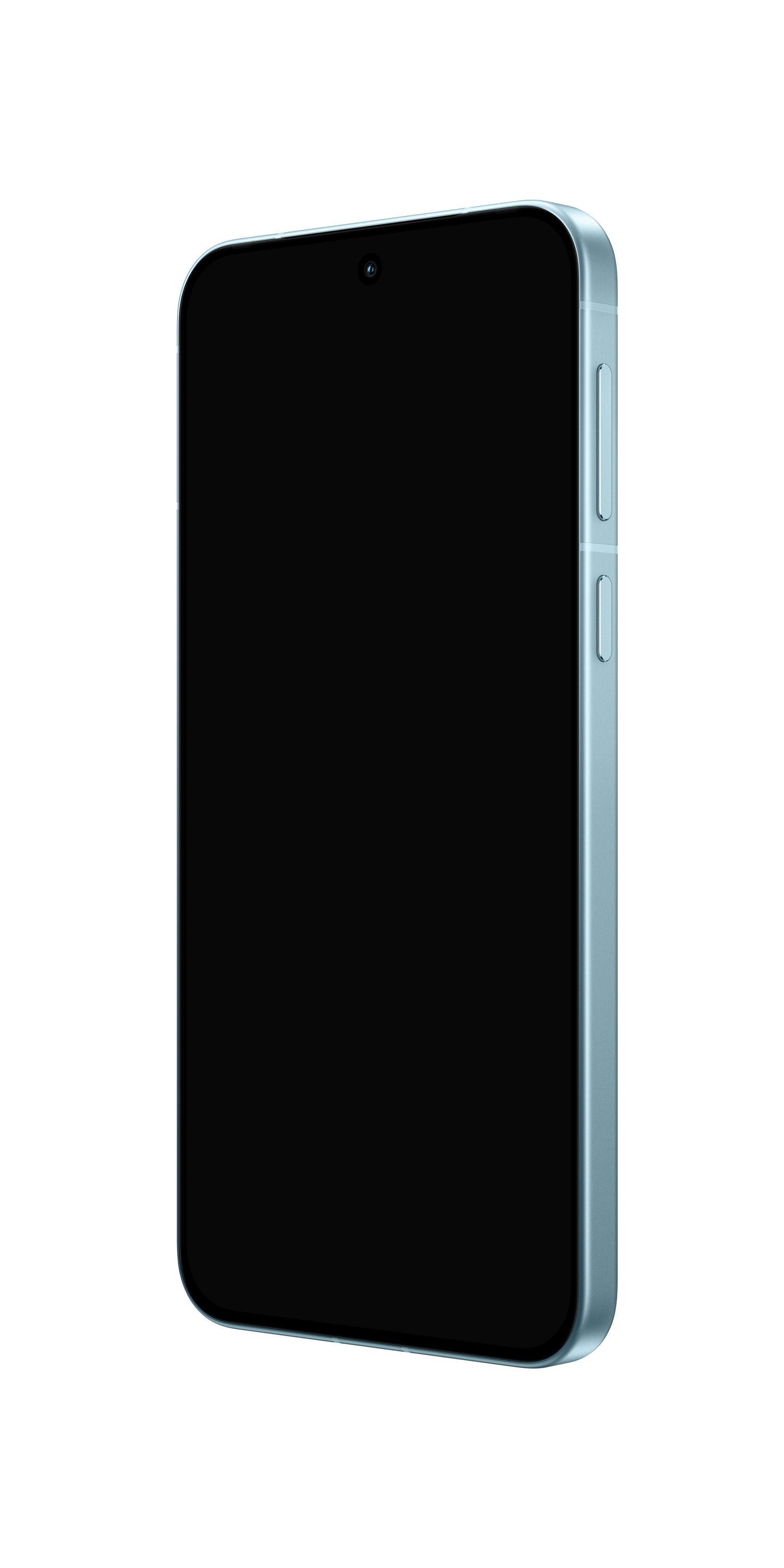 Ein hellblaues Smartphone mit schwarzem Bildschirm, isoliert auf weißem Hintergrund. Das Telefon wird aus einem Winkel betrachtet.