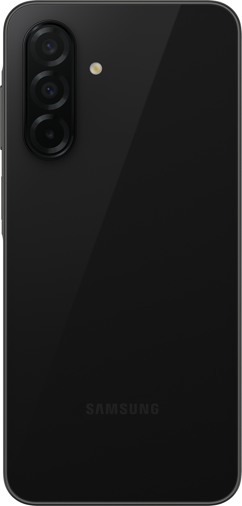 Schwarze Rückseite eines Samsung-Telefons mit drei vertikal gestapelten Kameras und Blitz. Das Samsung-Logo unten.