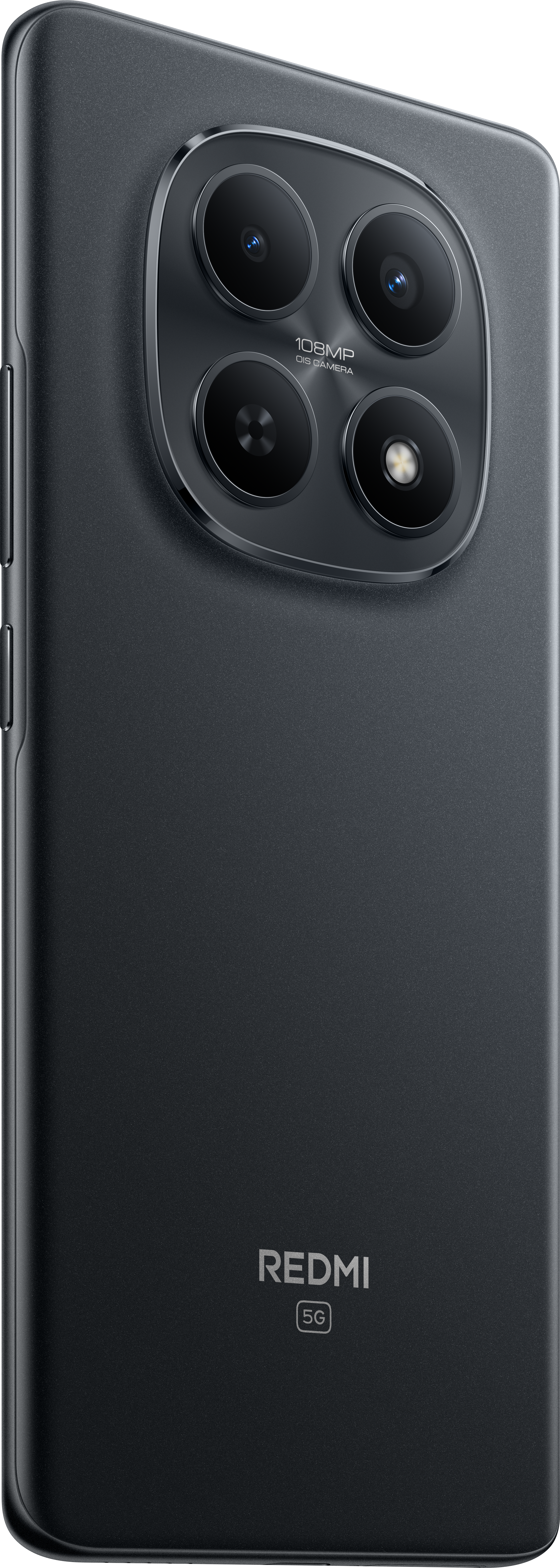 Schwarze Smartphone-Rückseite mit großem Kameramodul mit vier Linsen. Redmi-Logo und 5G-Zeichen sind sichtbar.