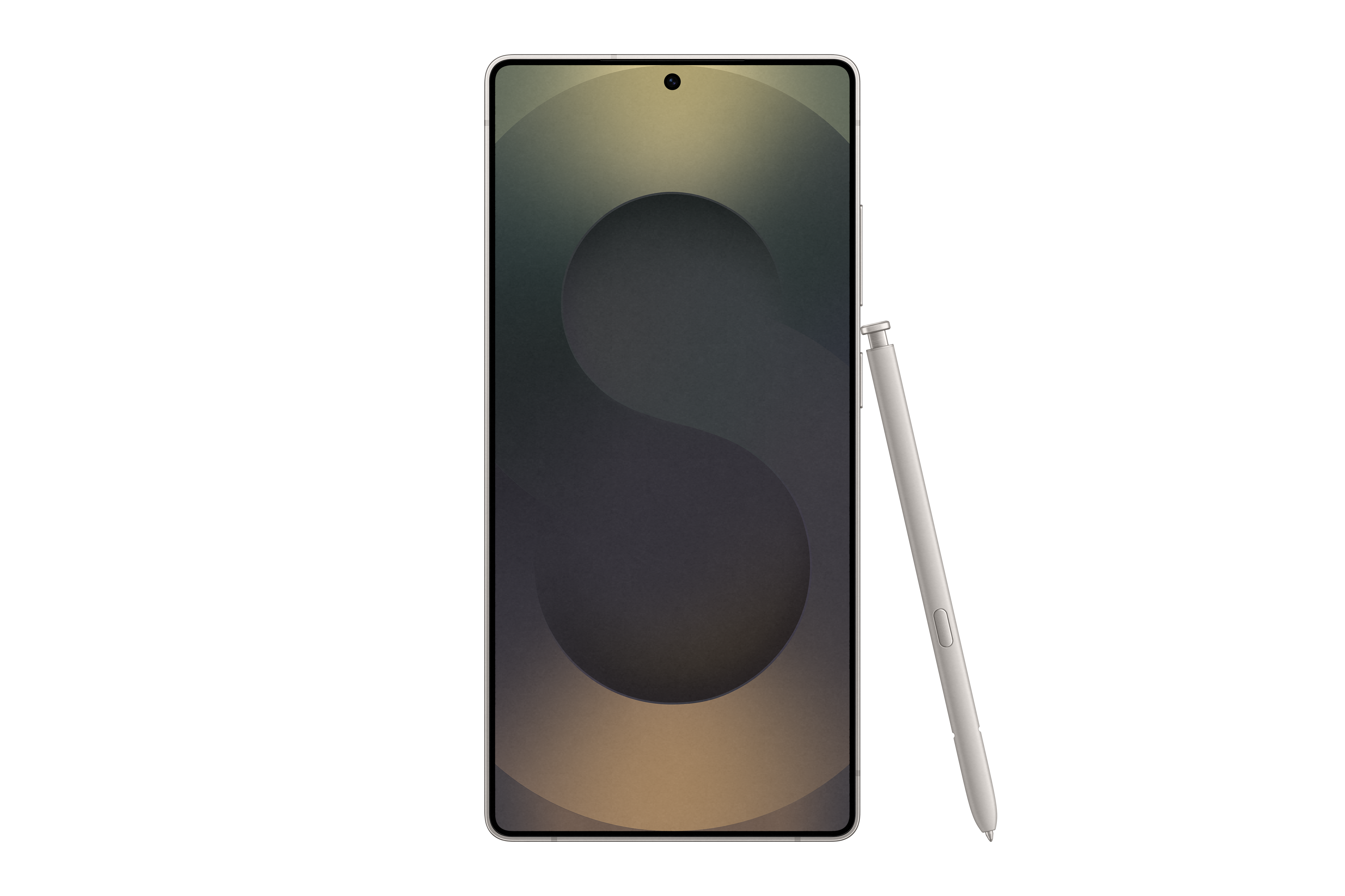 Smartphone auf Schwarz mit S-förmigem Design auf dem Bildschirm, mit Stift.