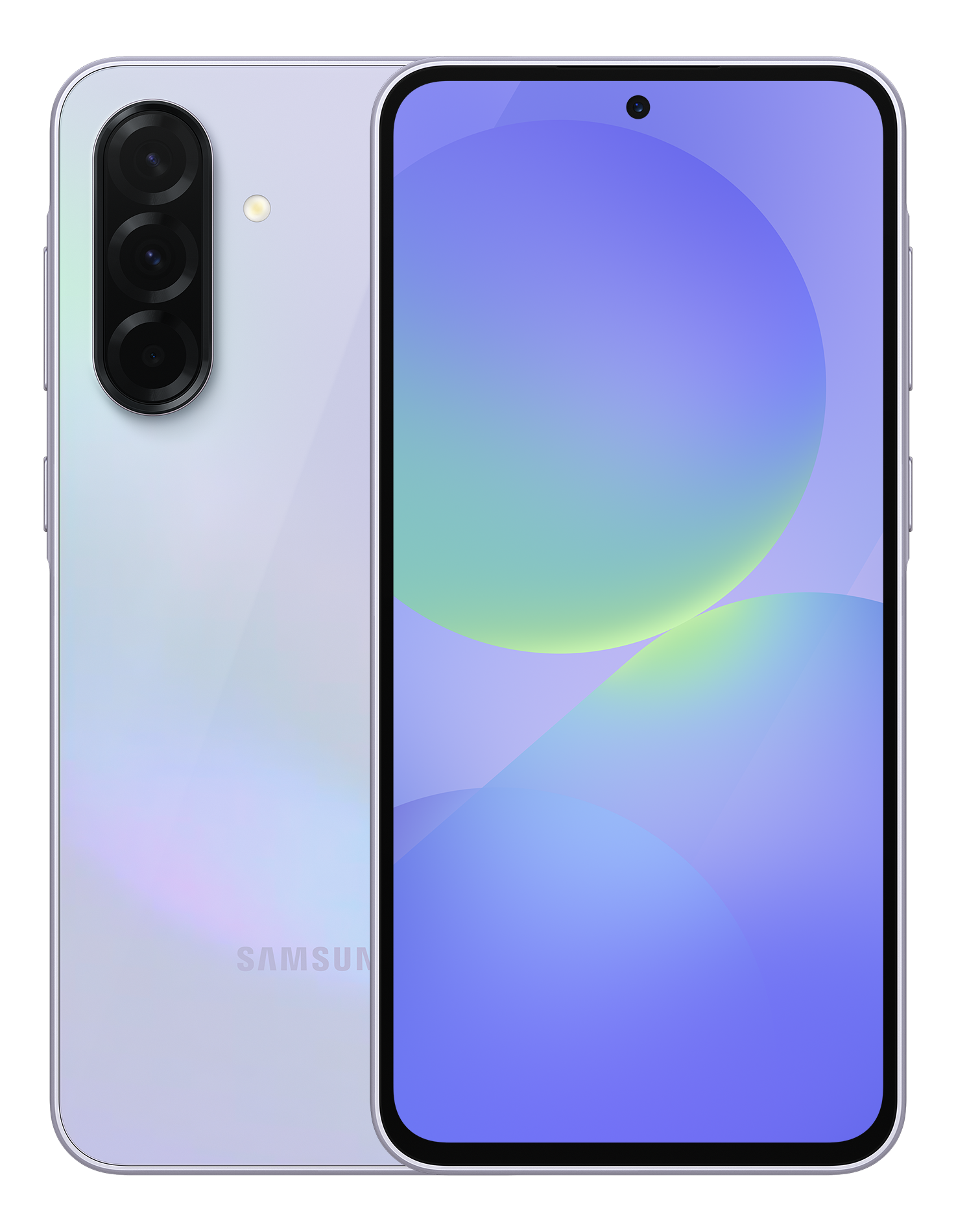 Weißes und lila Smartphone, drei Rückkameras. Zeigt einen blauen Bildschirm mit grünen und lila Akzenten.