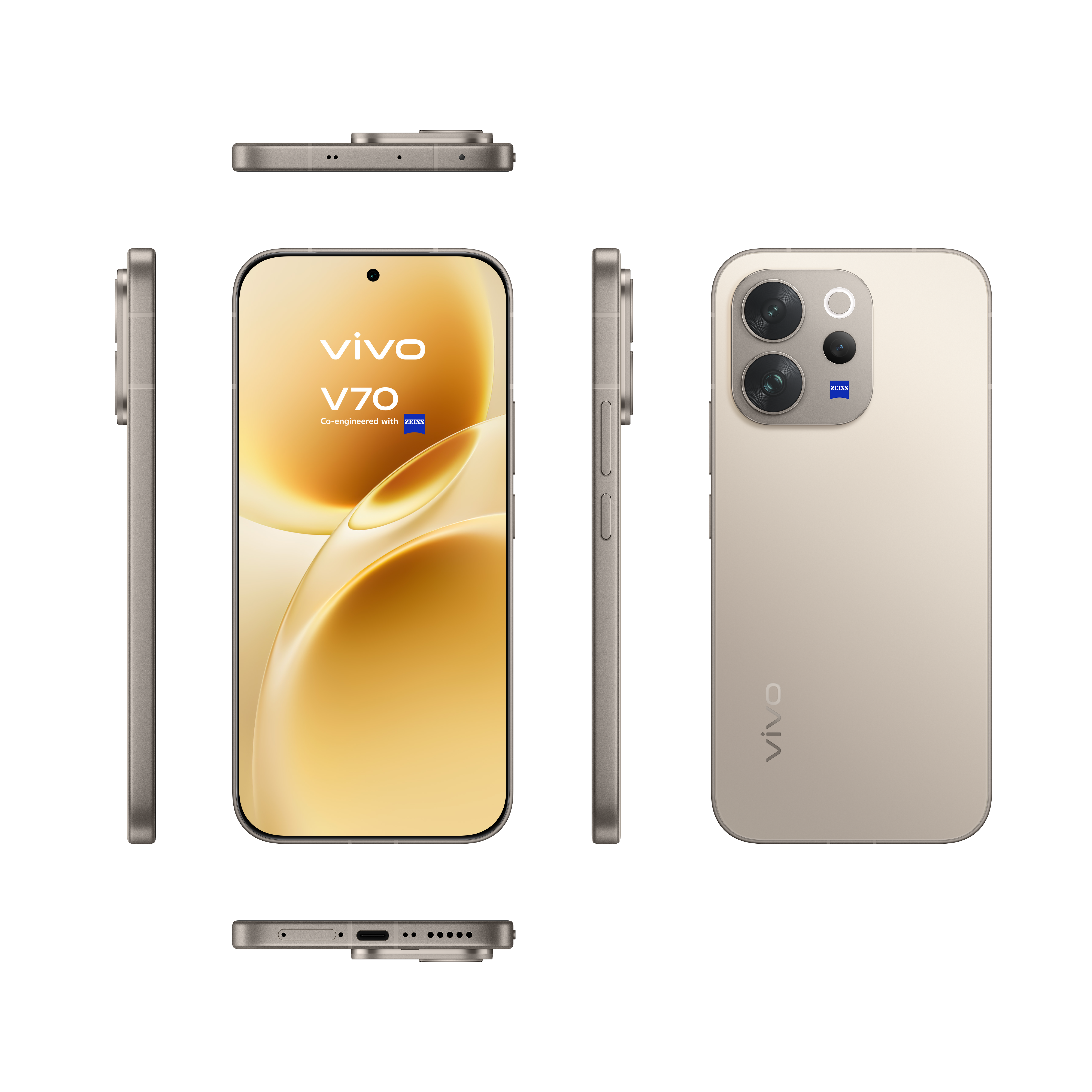 Ein Smartphone mit drei Ansichten: vorne, Seite und hinten. Goldfarben.