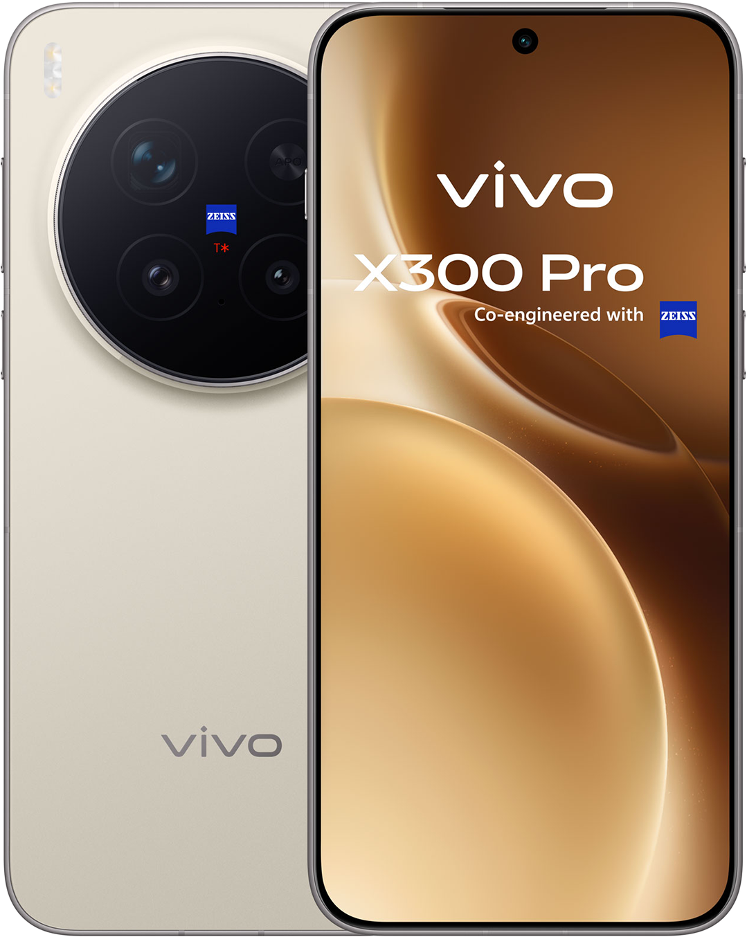 Ein beigefarbenes Vivo X300 Pro-Telefon wird gezeigt, das ein großes Kameramodul und den Bildschirm mit dem Vivo-Logo zeigt.