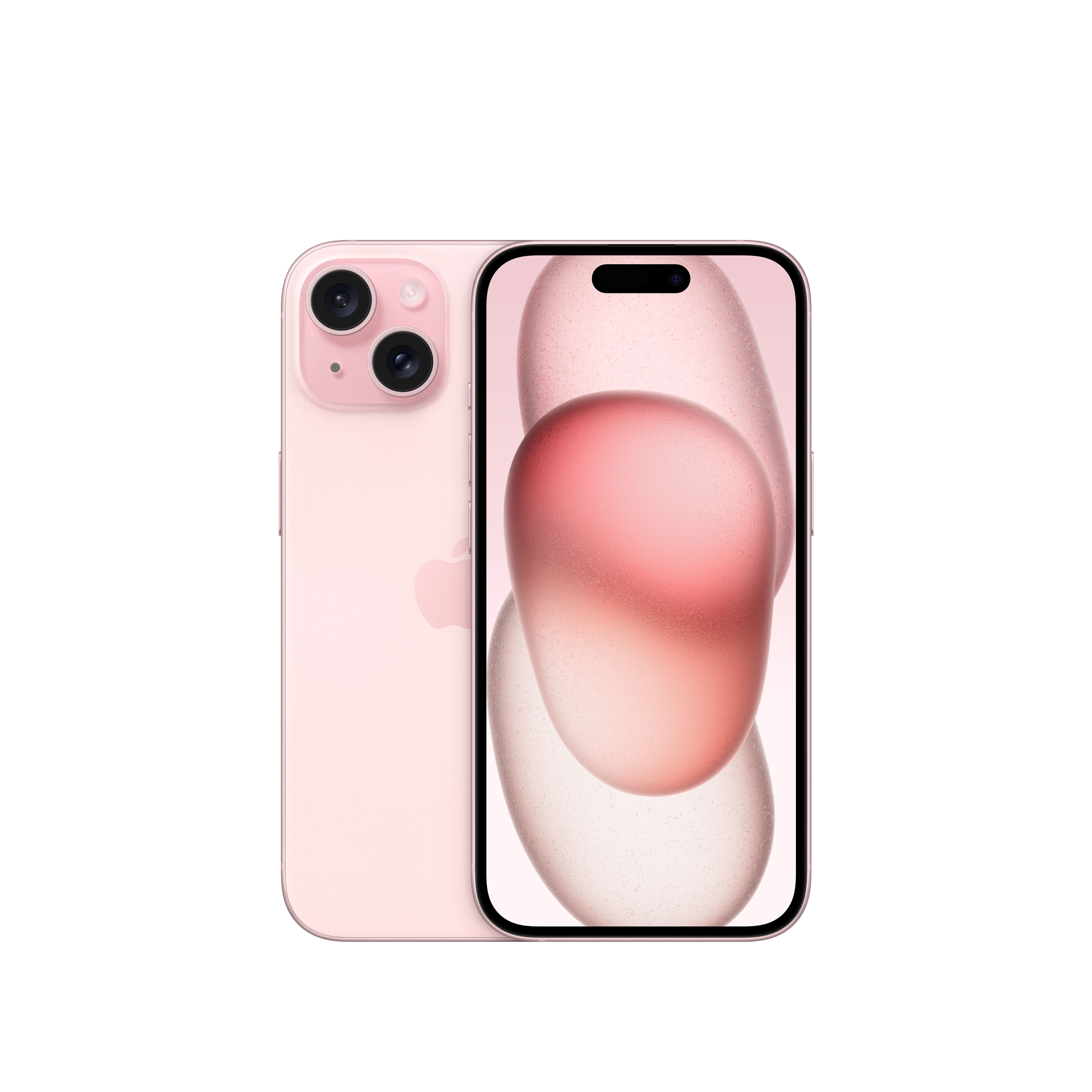 Ein rosa iPhone, das den Bildschirm und die Rückseite zeigt. Der Bildschirm zeigt einen verschwommenen, rosa Farbverlauf. Weißer Hintergrund.