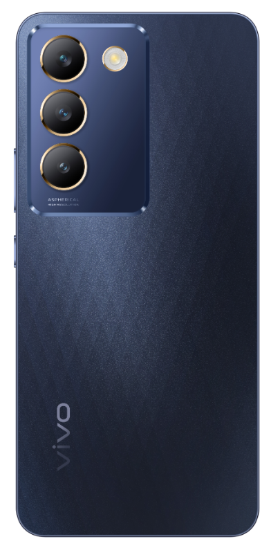 Ein dunkelblaues vivo-Telefon mit drei Kameras und dem vivo-Logo.