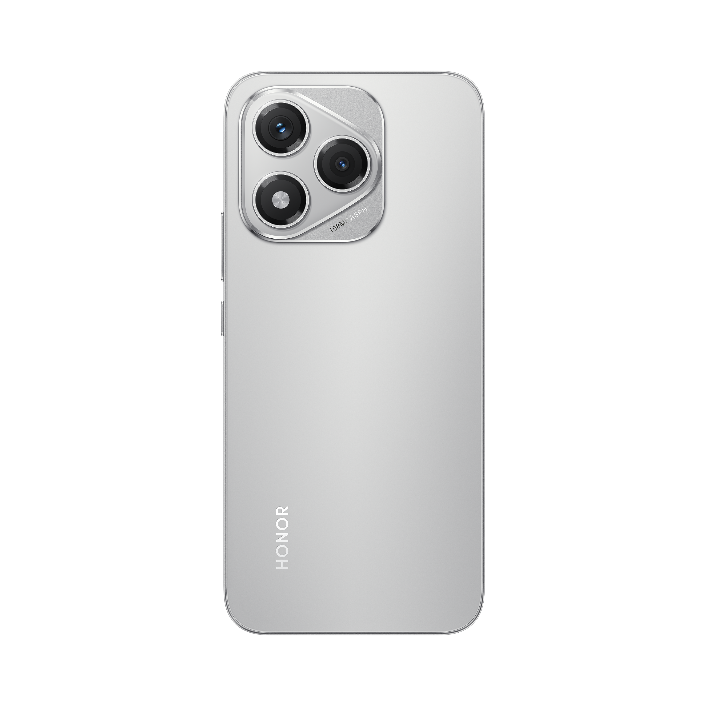 Silberne Telefonrückseite mit drei Kameras, HONOR-Logo und schwarzem Hintergrund.