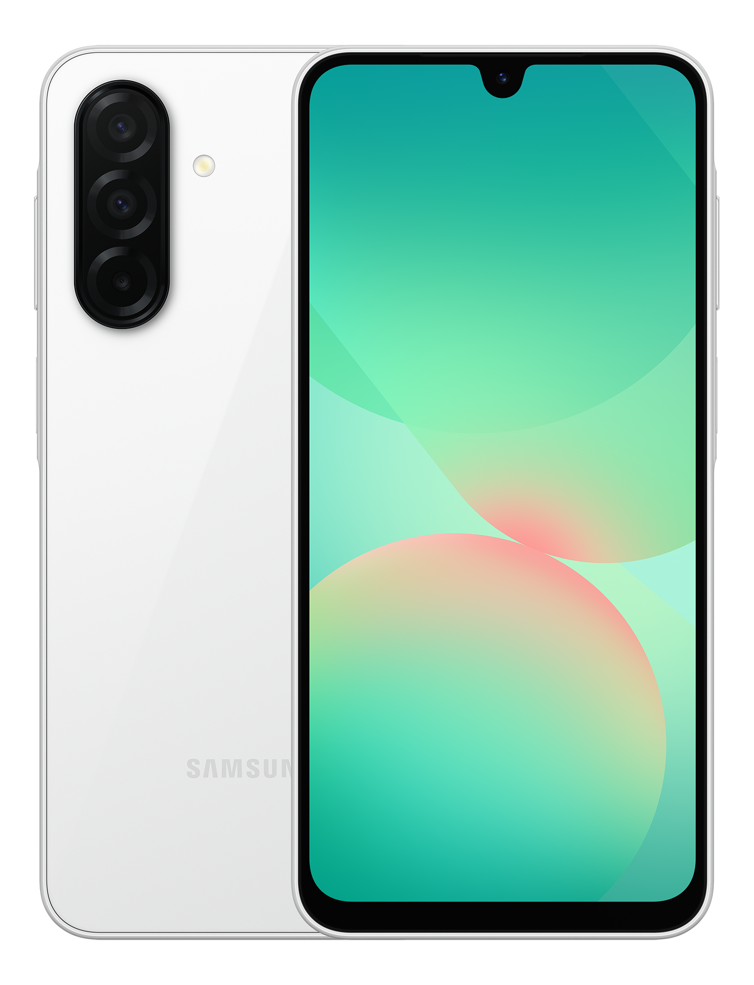 Weißes Telefon mit Dreifachkamera. Der Bildschirm zeigt grüne und rosa Kreise. Schwarzer Hintergrund.