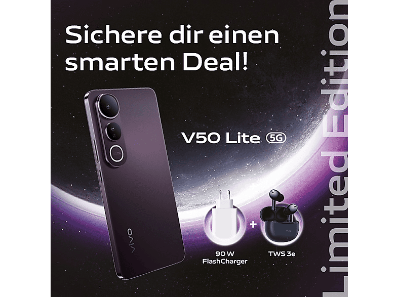 VIVO V50 Lite 5G 256 GB, Phantom Black, Dual SIM, inkl. vivo Buds TWS3e und 90W Flashcharger