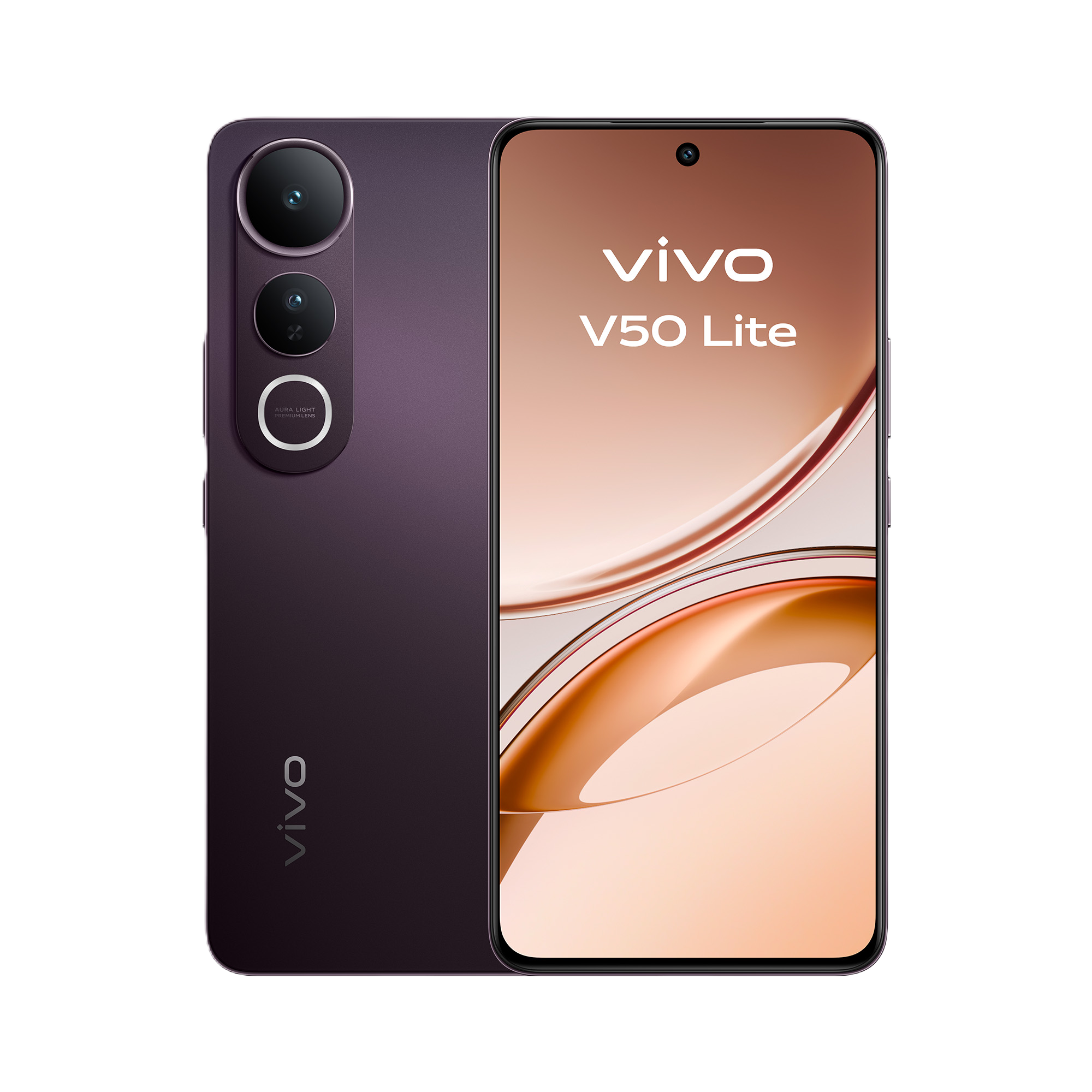 Dunkelviolettes Telefon mit drei Kameras und dem Vivo-Logo.