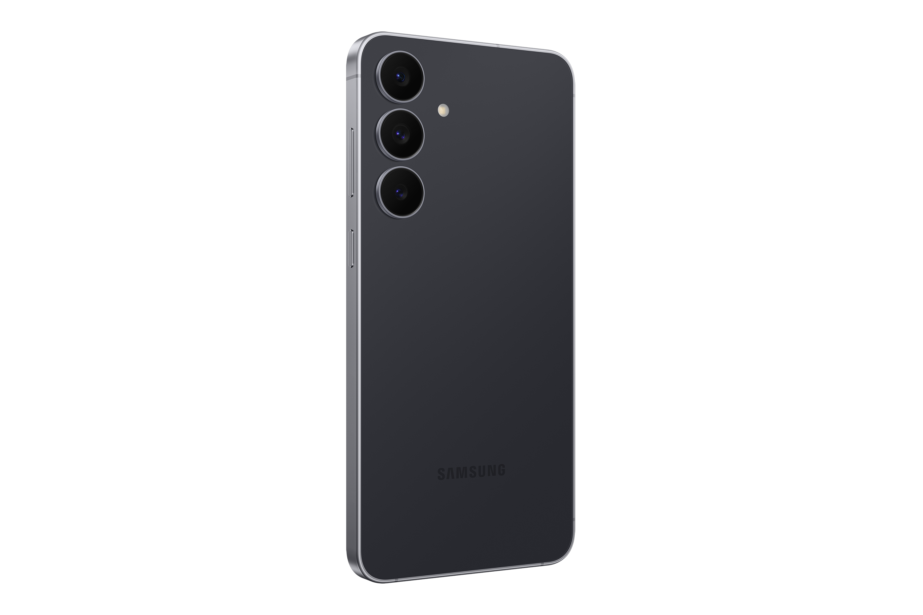 Ein dunkelgraues Smartphone vor schwarzem Hintergrund. Drei Kameralinsen sind sichtbar. Das Samsung-Logo befindet sich unten.