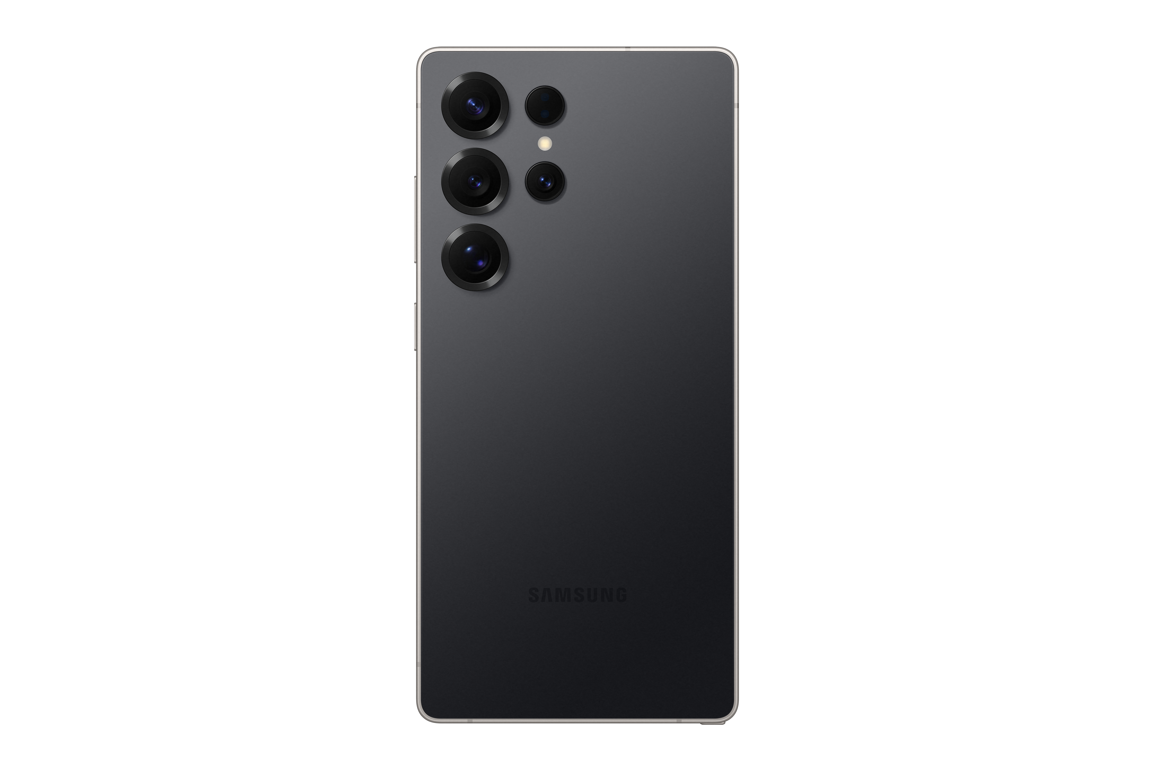 Ein schwarzes Smartphone mit einer Dreifachkamera auf der Rückseite.