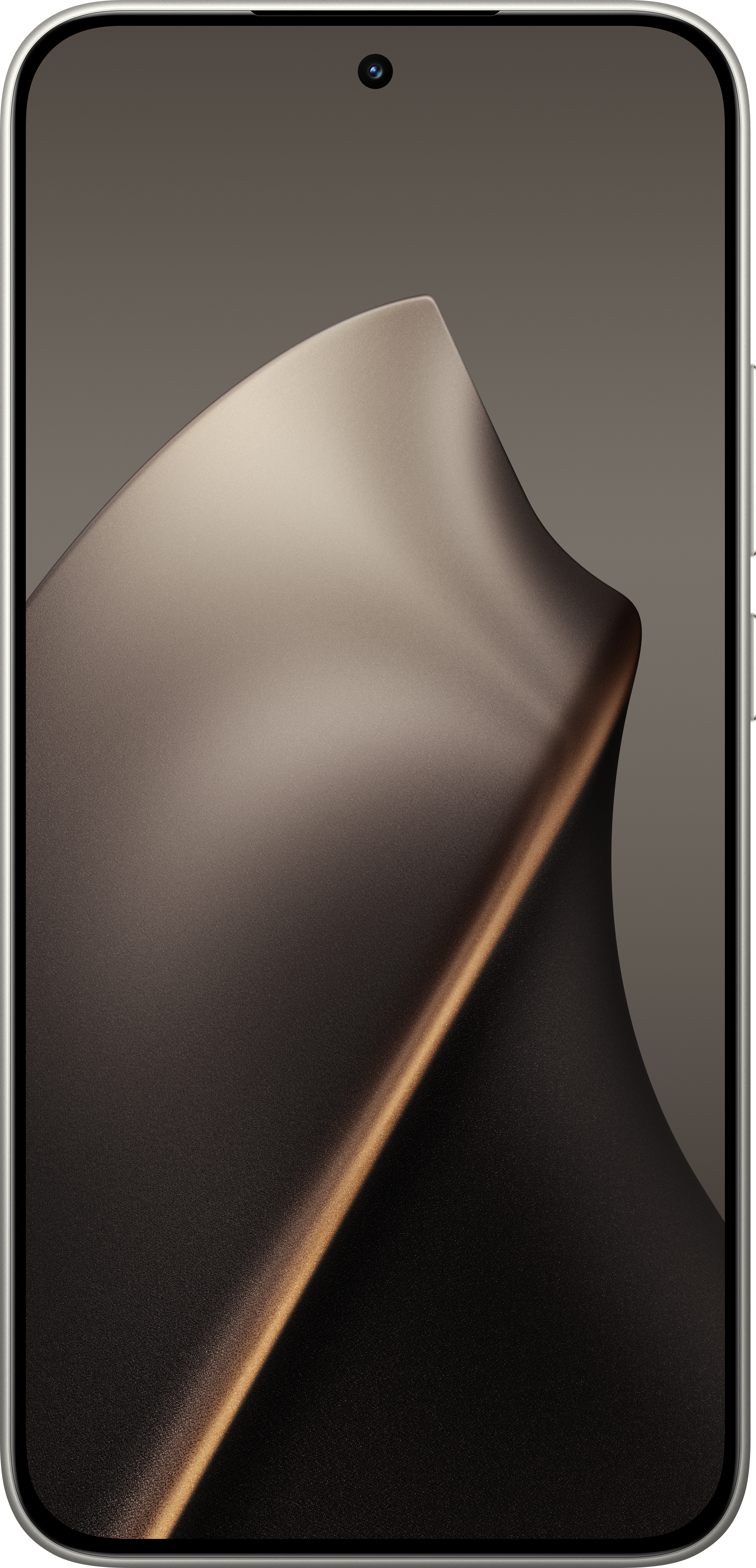 Ein Smartphone mit Metallrahmen. Der Bildschirm zeigt ein dunkles, abstraktes Design mit Kurven, Farbverläufen und einer kleinen Kamera.