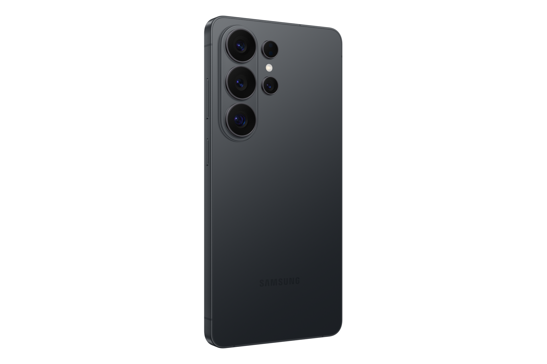 Dunkelgraues Smartphone mit drei Kameras auf der Rückseite, Samsung-Logo.