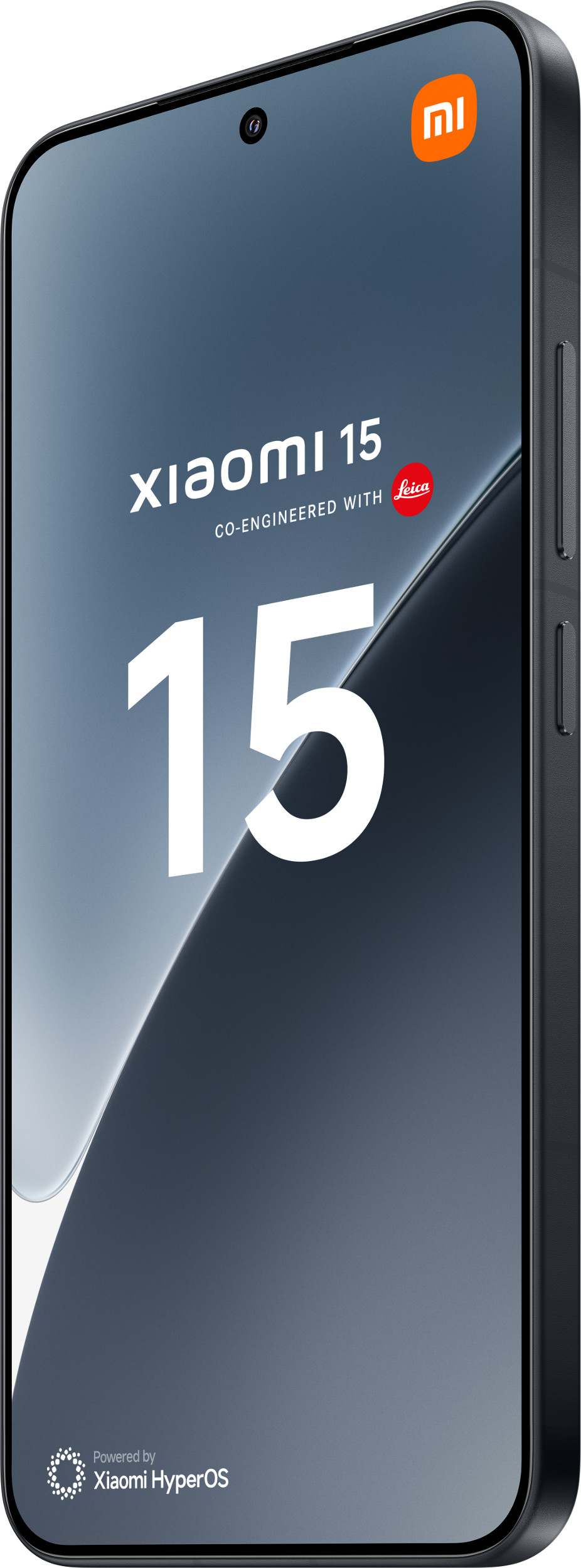 Ein Xiaomi 15 Telefon in Seitenansicht. Das Telefon ist schwarz mit einer großen 15 auf dem Bildschirm.
