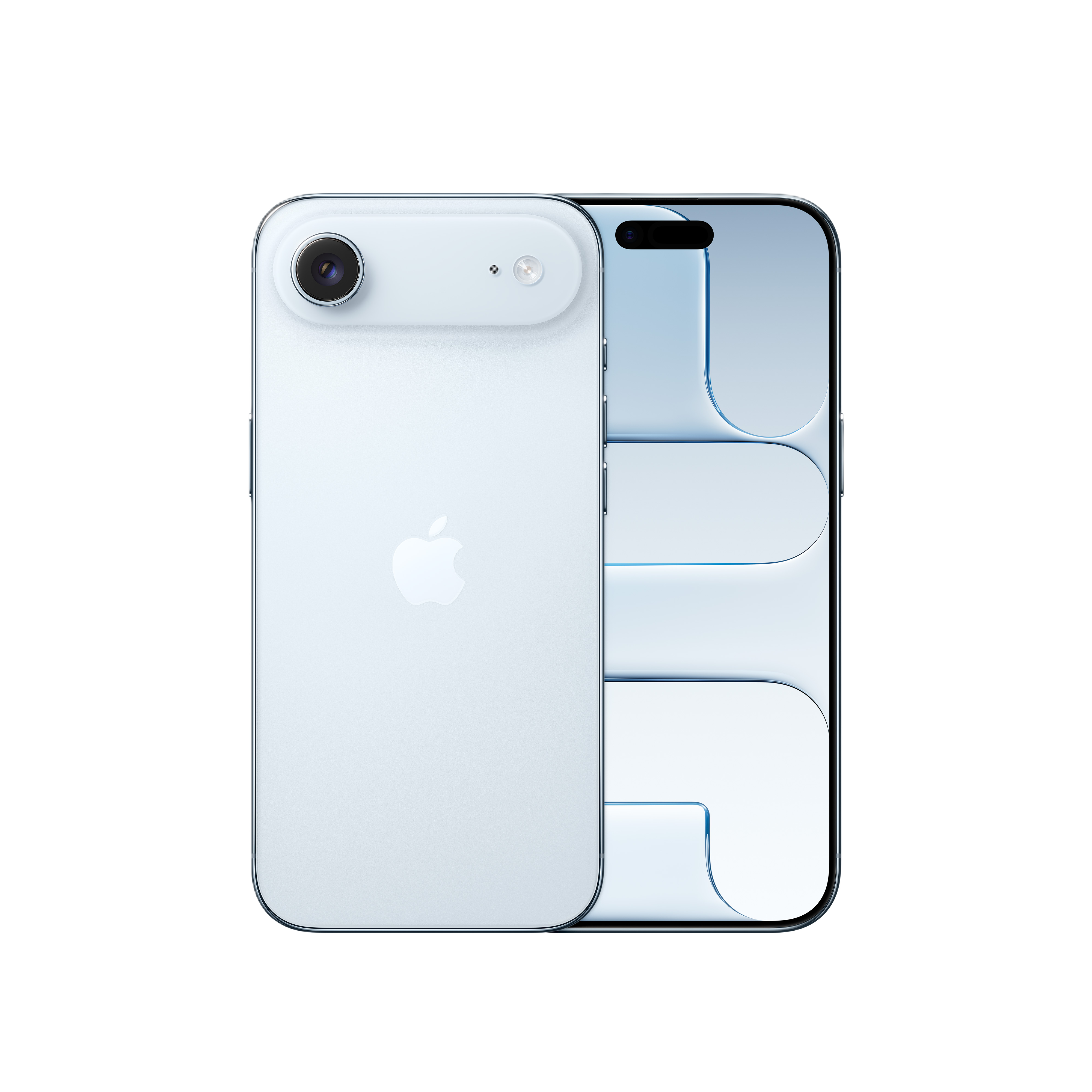 Ein hellblaues Smartphone, das die Vorder- und Rückseite zeigt. Die Vorderseite hat einen Bildschirm, die Rückseite das Apple-Logo und Kameras.