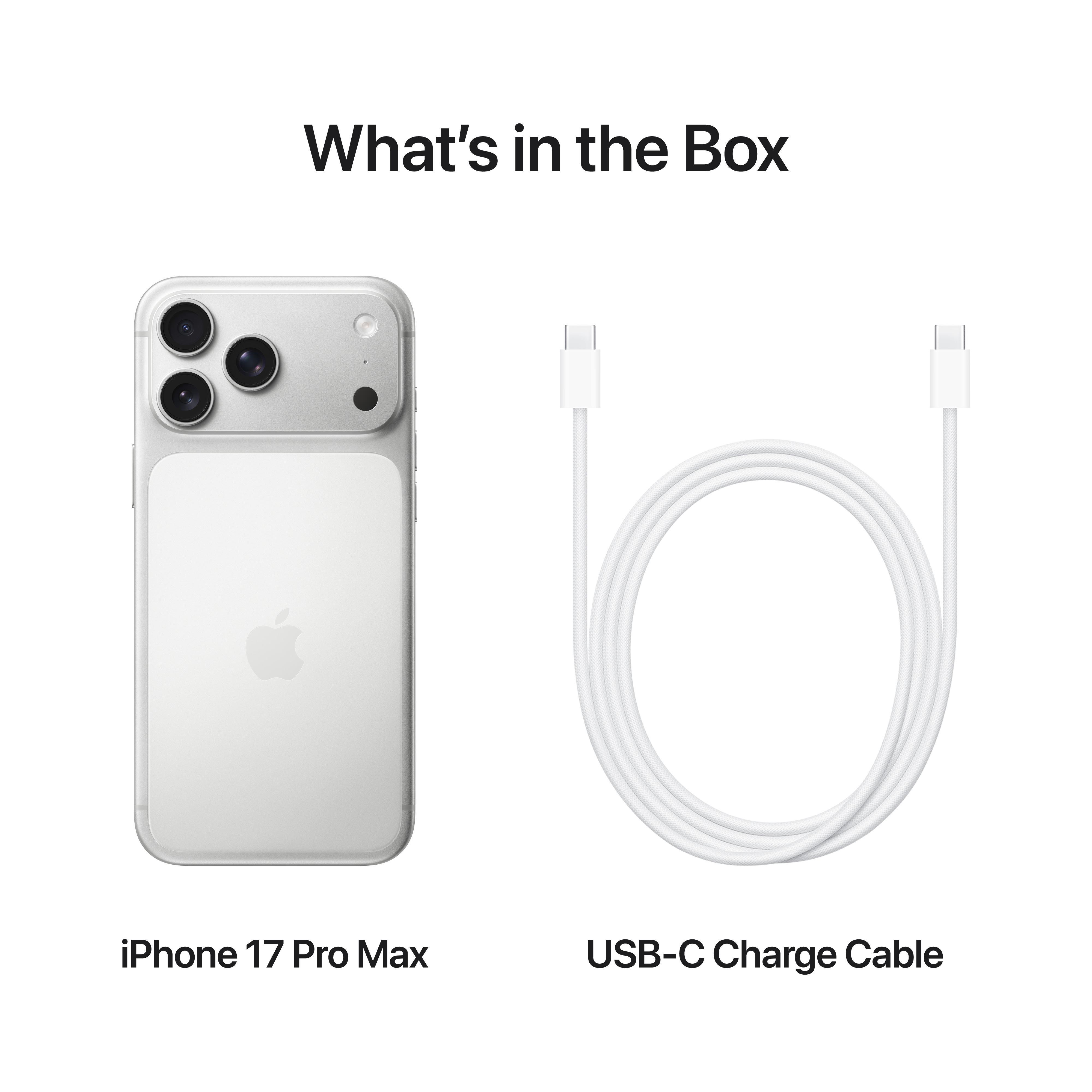 Ein iPhone 17 Pro Max und ein weißes USB-C-Kabel auf weißem Hintergrund. Text: Was ist in der Box.
