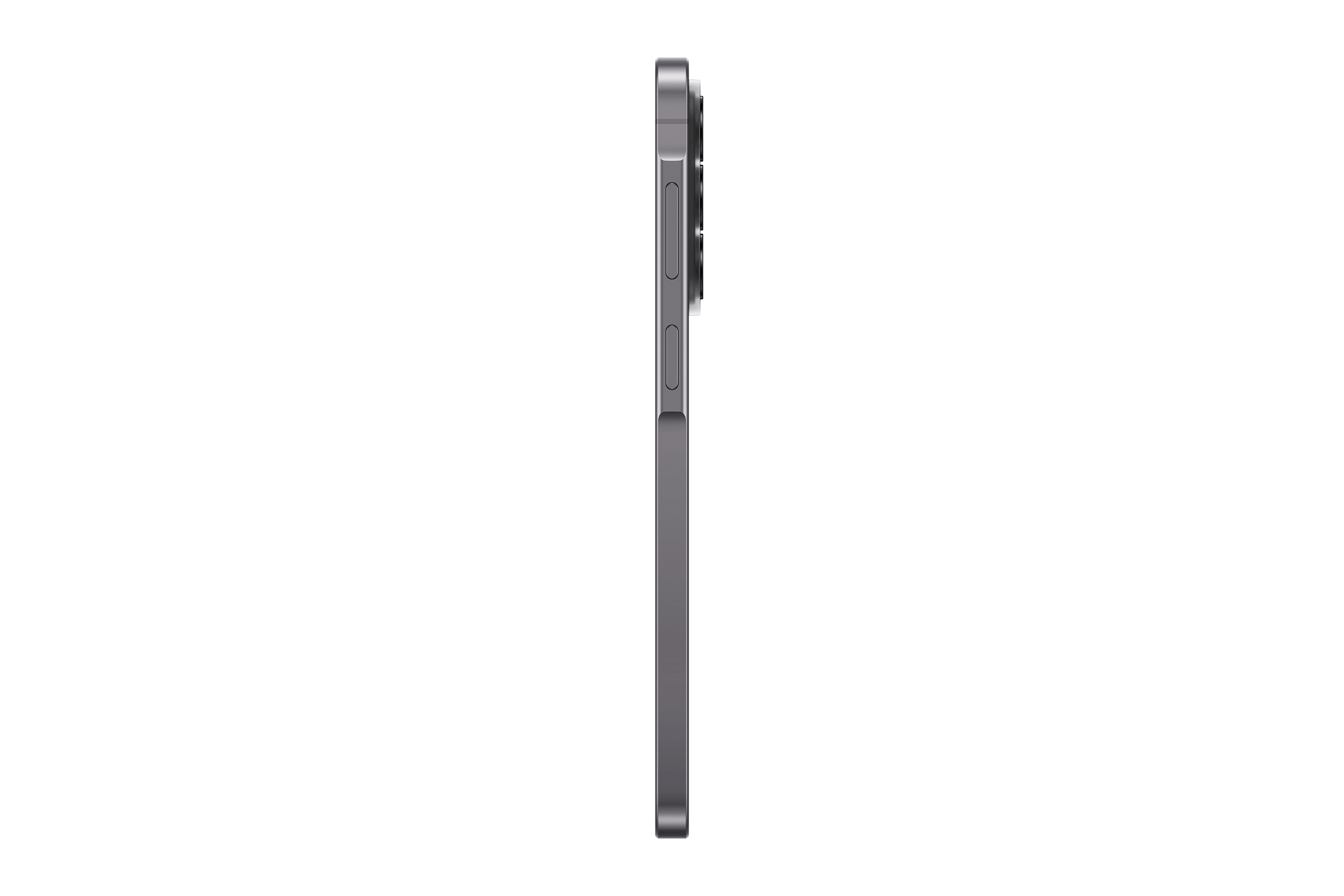 Graues Smartphone im Profil auf schwarzem Hintergrund, mit Kameras.