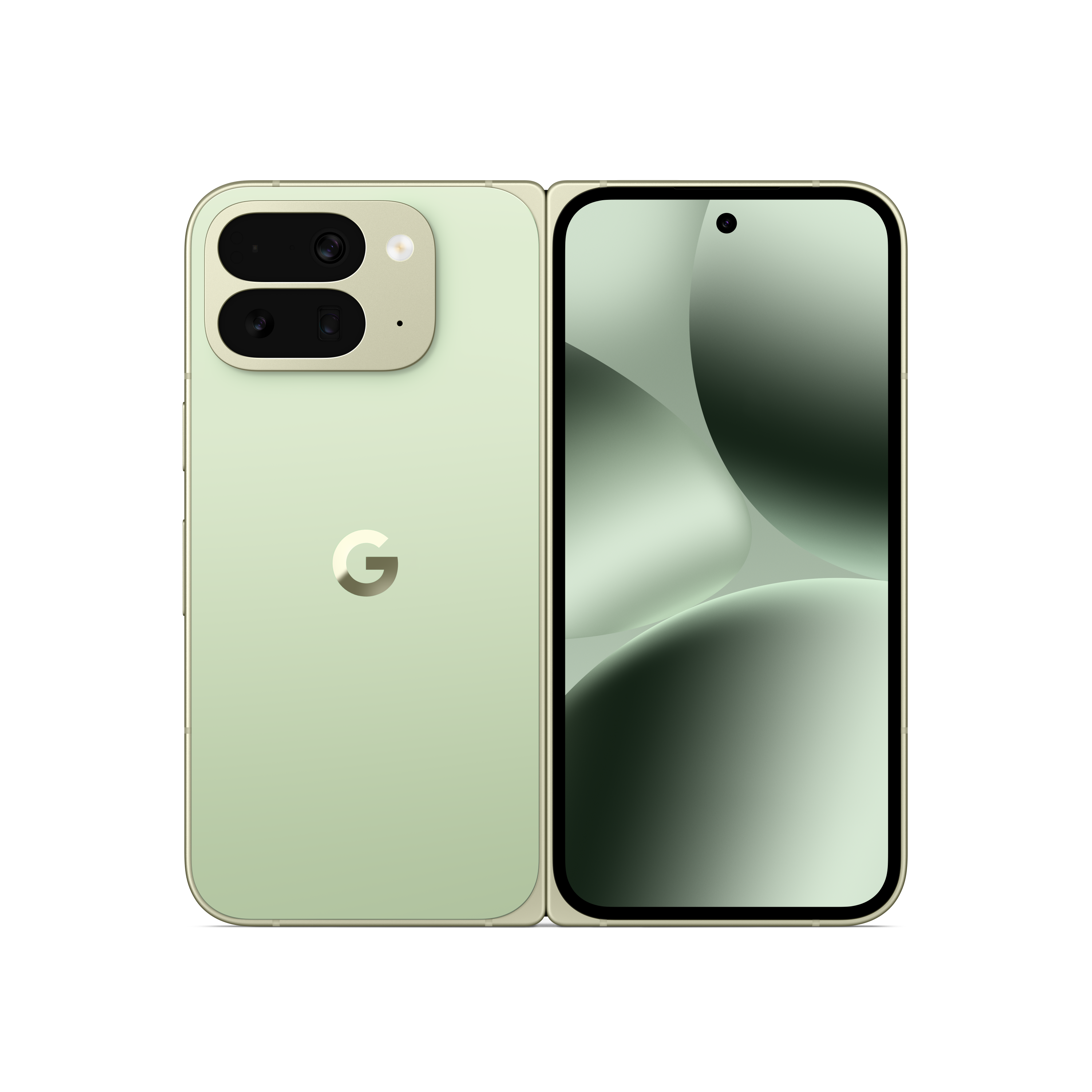 Ein hellgrünes, faltbares Smartphone wird angezeigt. Das Google-Logo befindet sich auf der Rückseite. Der Bildschirm ist an.