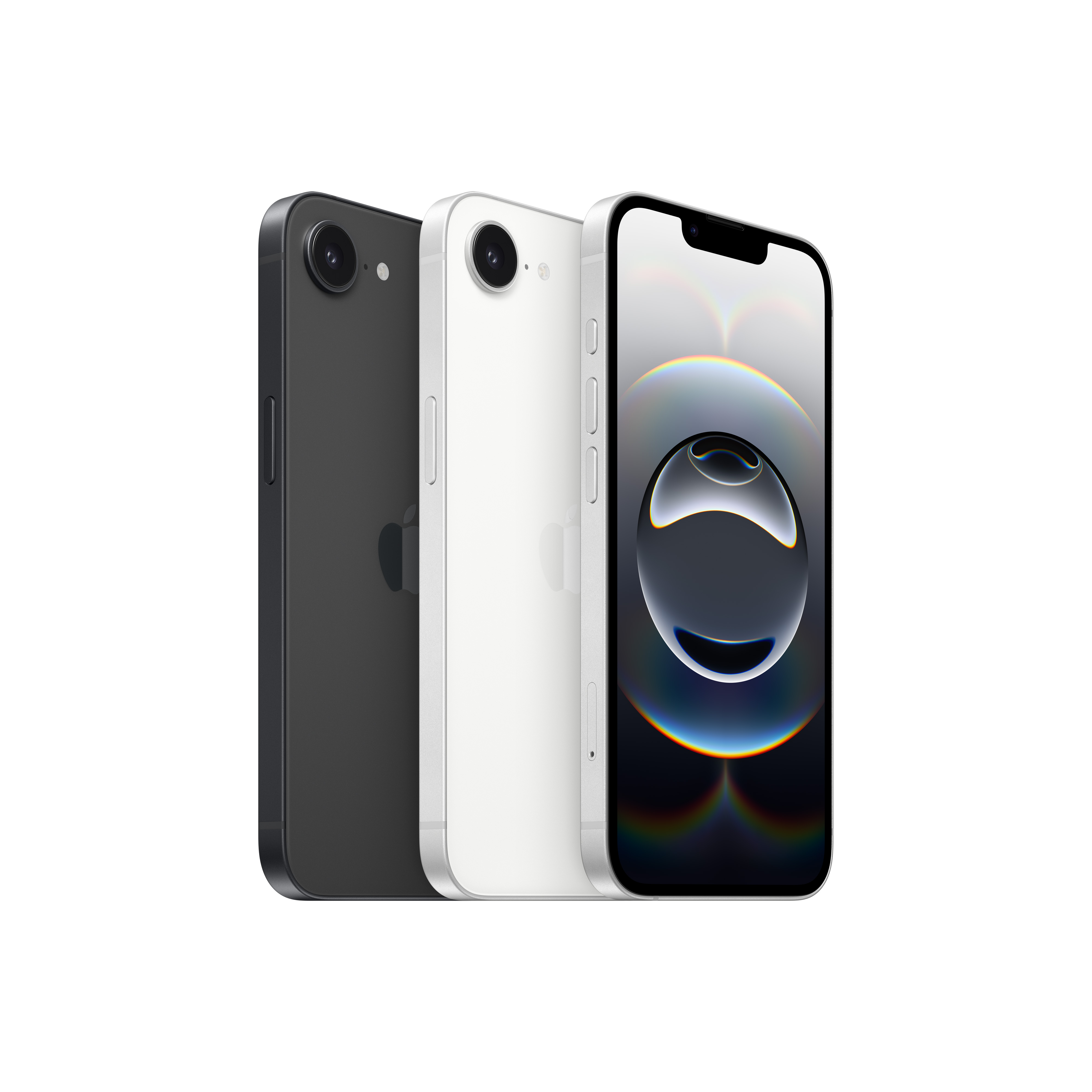 Drei iPhones; schwarz, weiß und silber, auf weißem Hintergrund.
