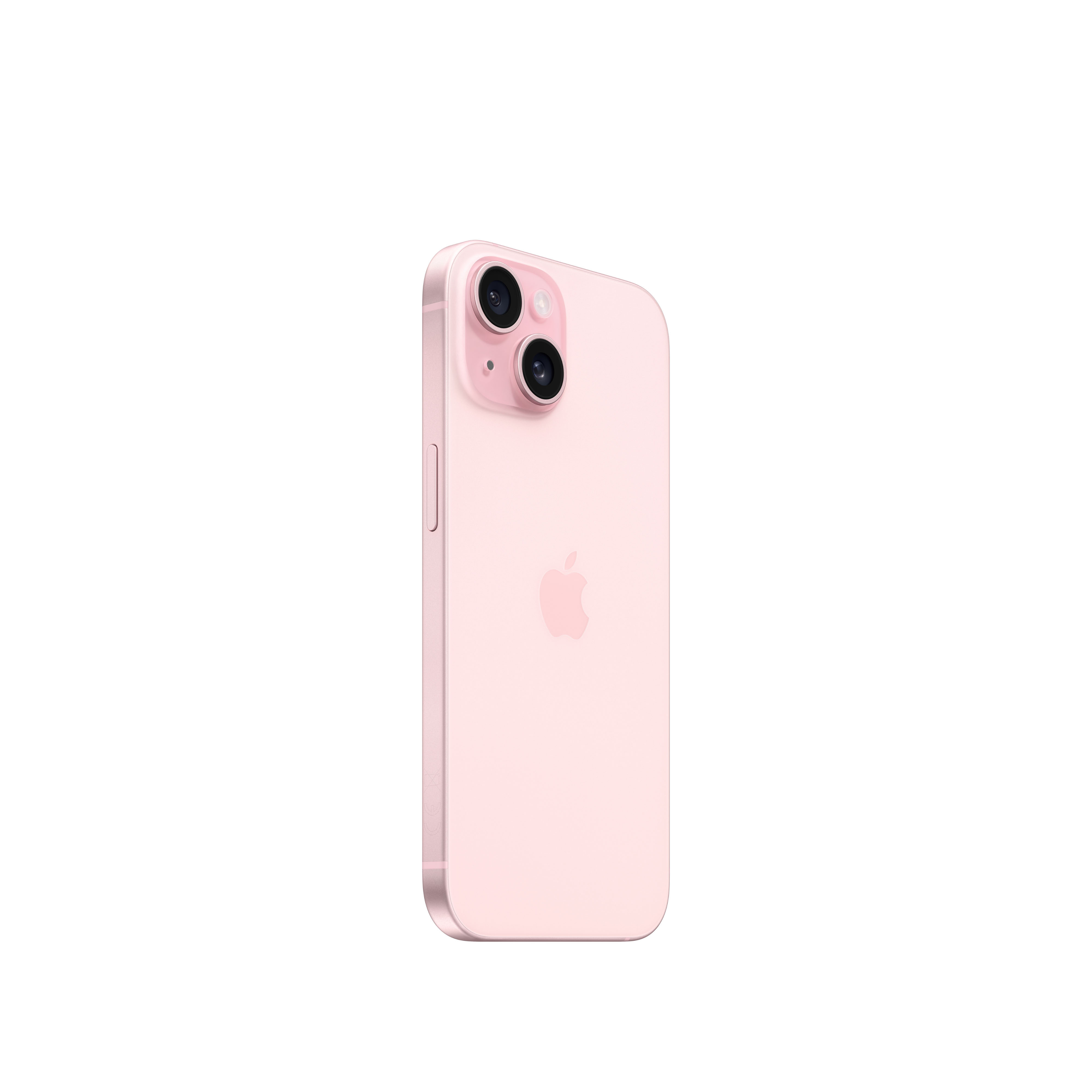 Ein rosa iPhone, Seitenansicht, Kameramodul und Apple-Logo zeigend, auf weißem Hintergrund.