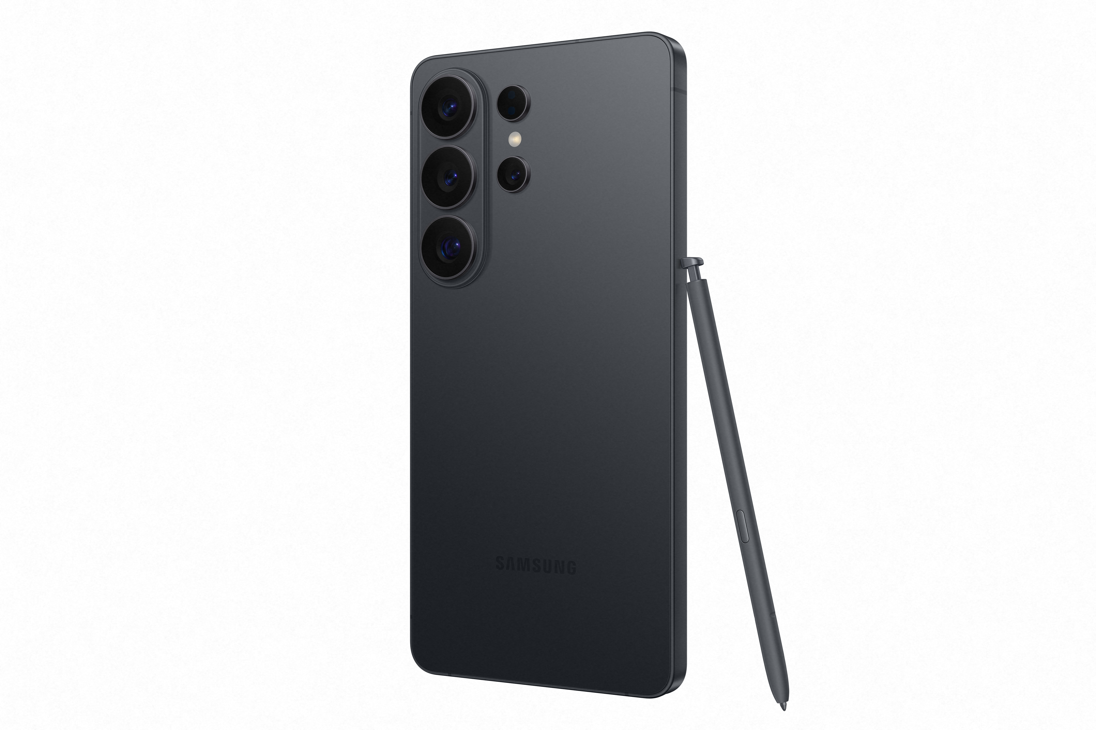 Dunkelgraues Smartphone mit S Pen, drei Kameras und Samsung Logo.